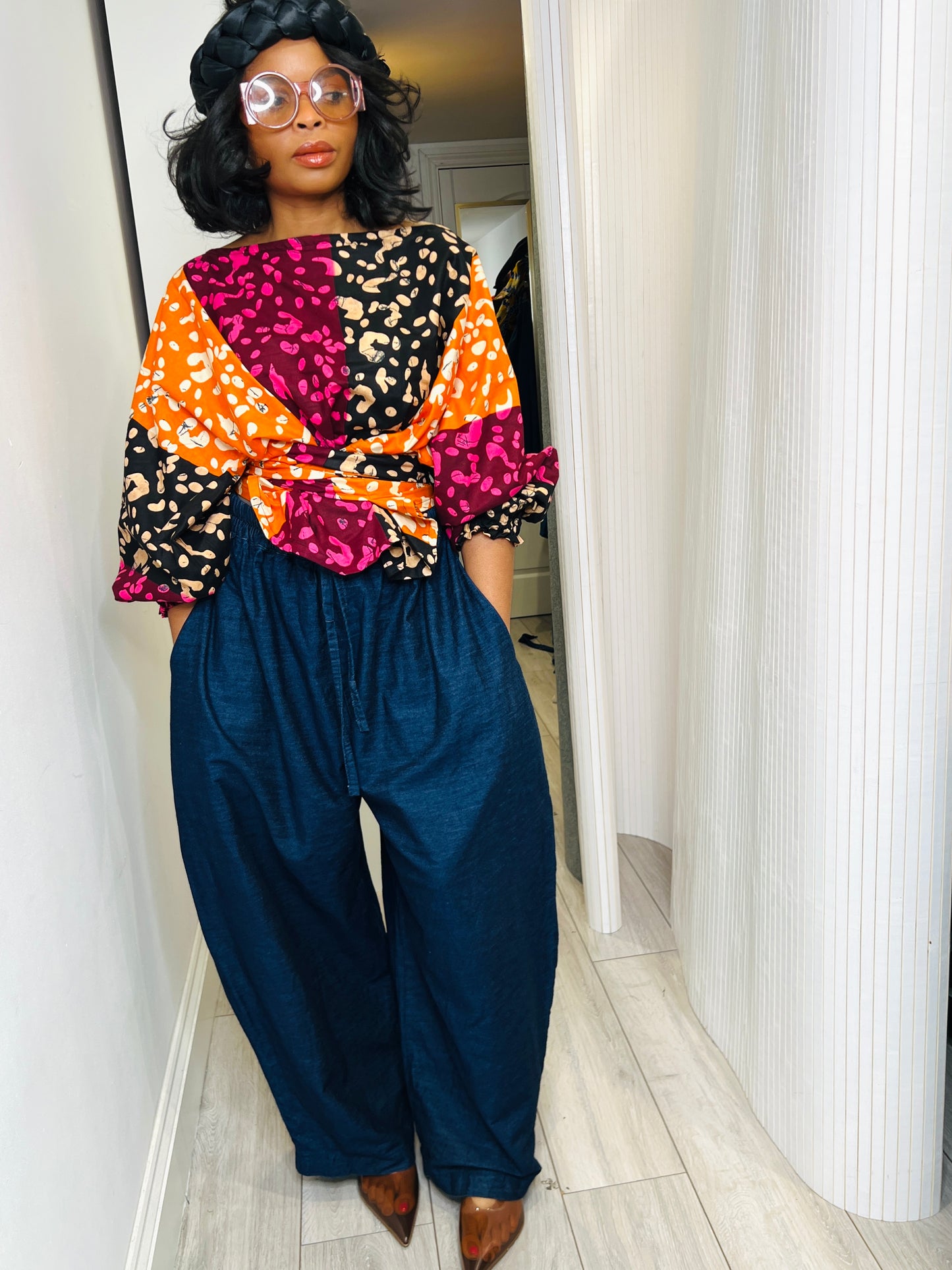 Orange Multi coloured animal print off shoulder tie waist wrap top