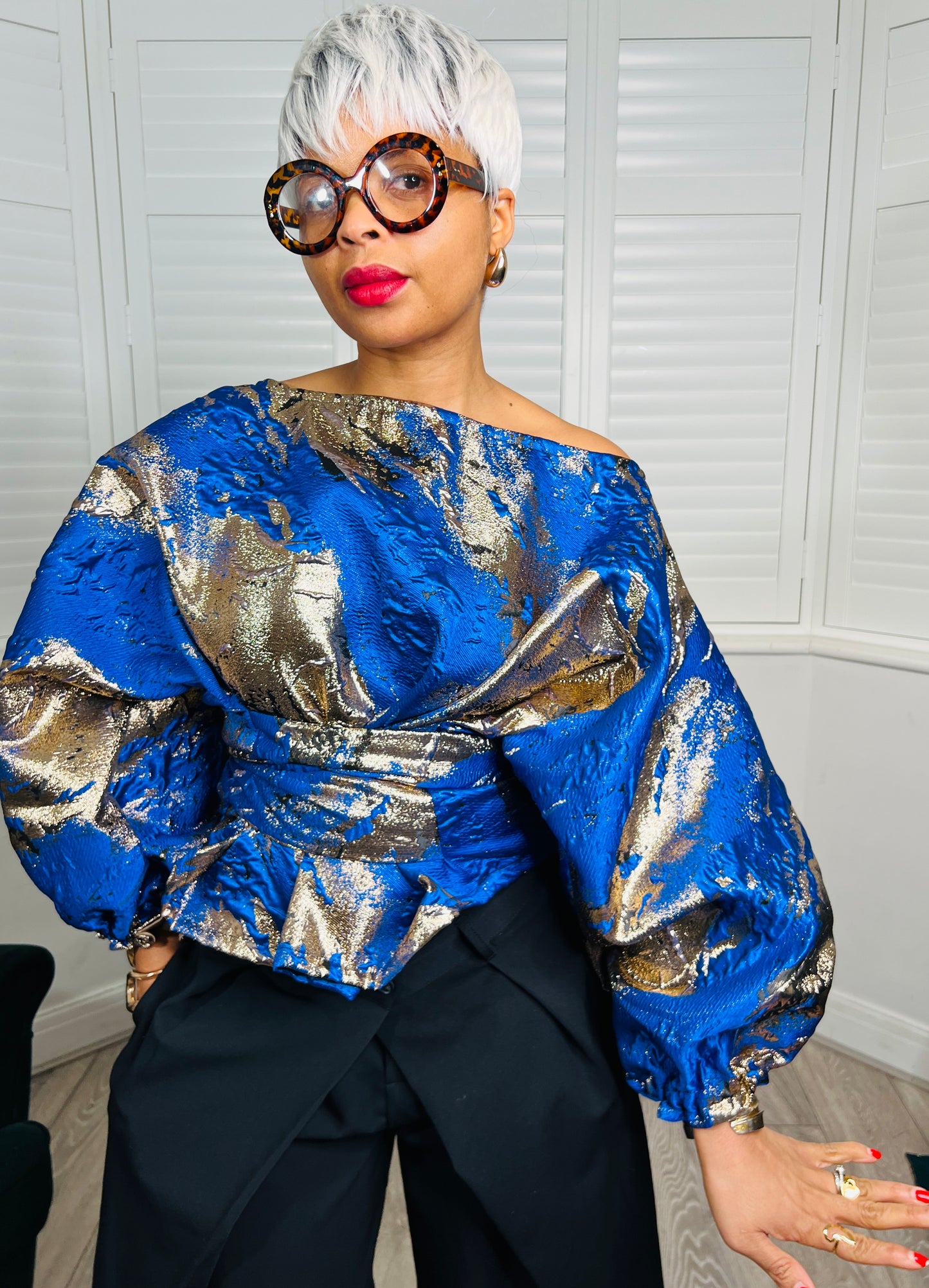 Blue and gold metallic Jacquard Asymmetric Balloon Sleeve Blouse