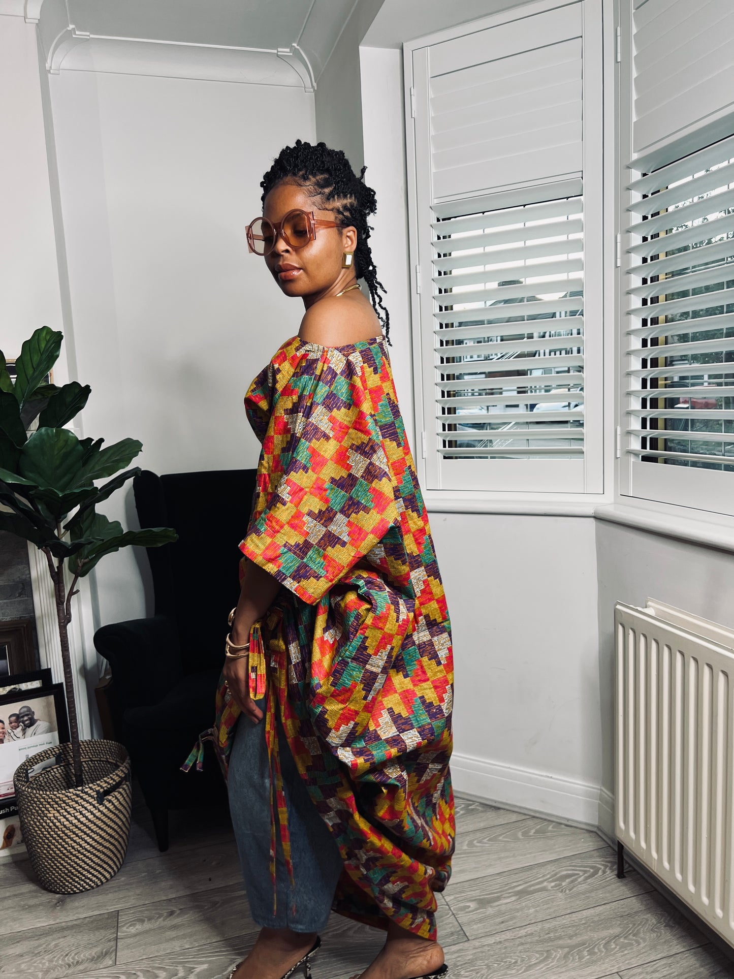 Kente inspired print multi coloured Maxi Kaftan Dress | One size