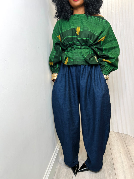 Dark green top: Asymmetric Balloon Sleeve Blouse