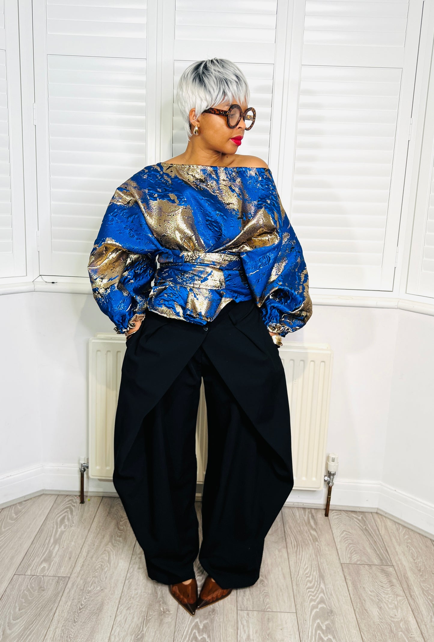 Blue and gold metallic Jacquard Asymmetric Balloon Sleeve Blouse