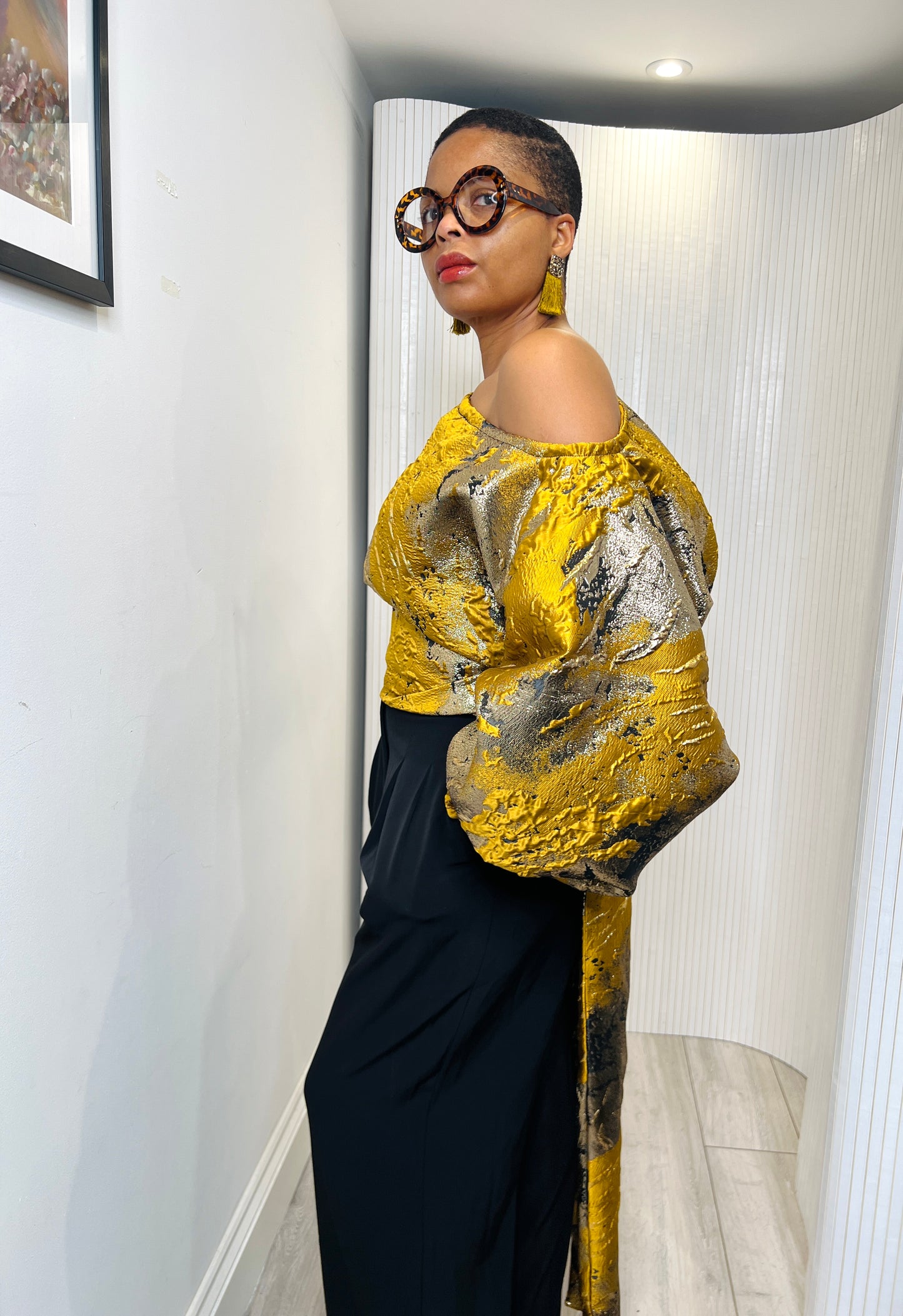 Mustard and gold metallic Jacquard Asymmetric Balloon Sleeve Blouse