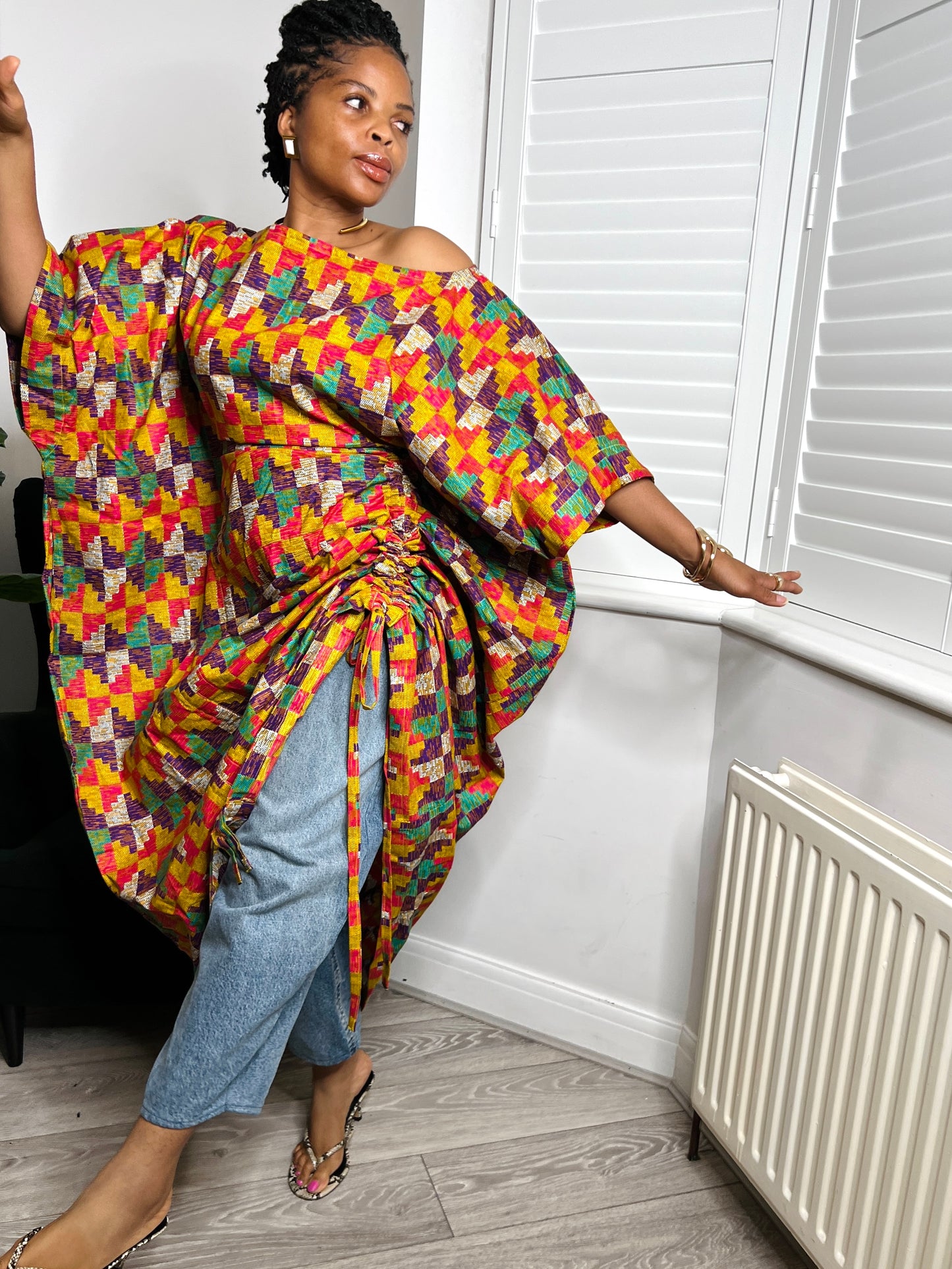 Kente inspired print multi coloured Maxi Kaftan Dress | One size
