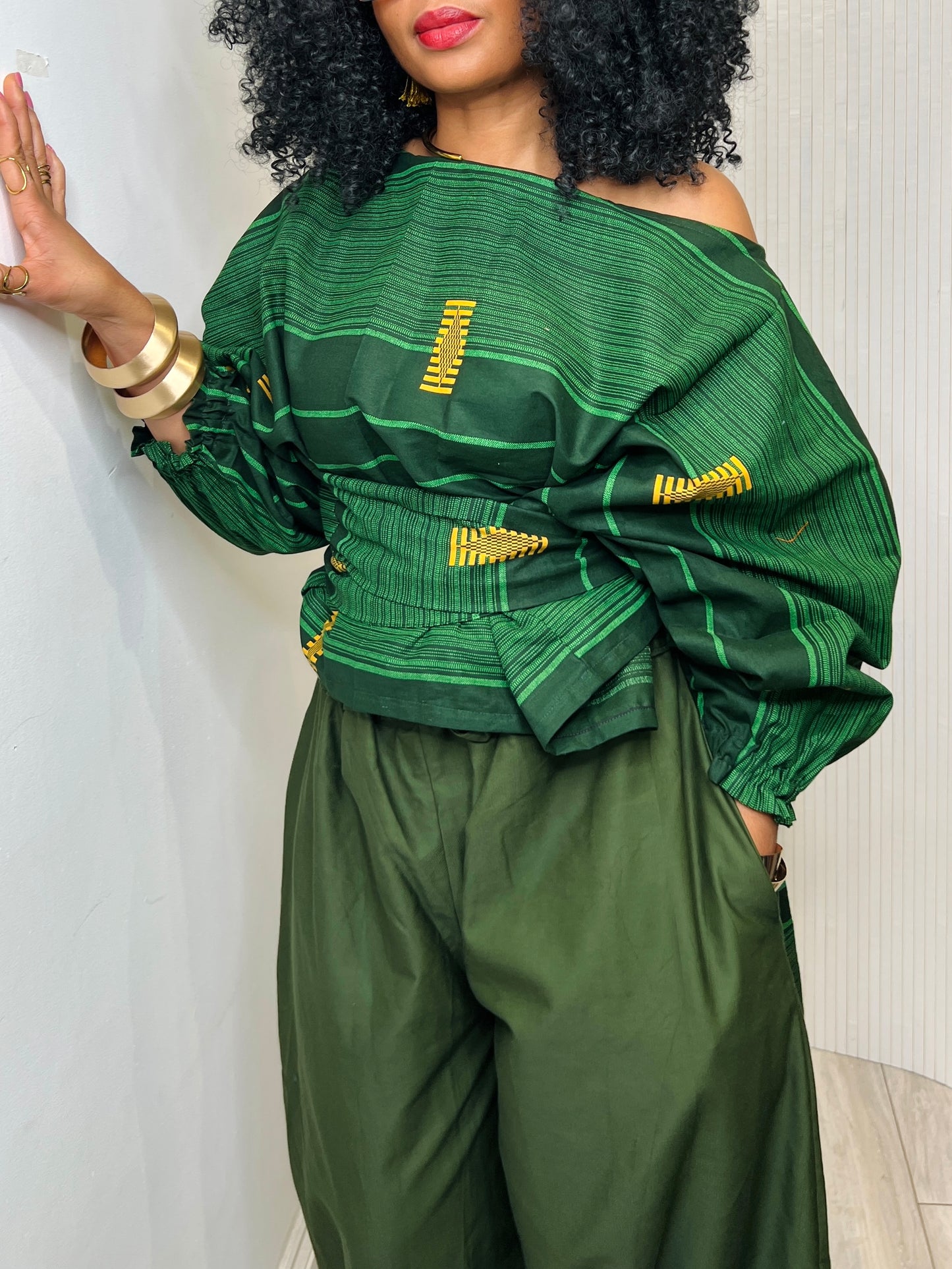 Dark green top: Asymmetric Balloon Sleeve Blouse