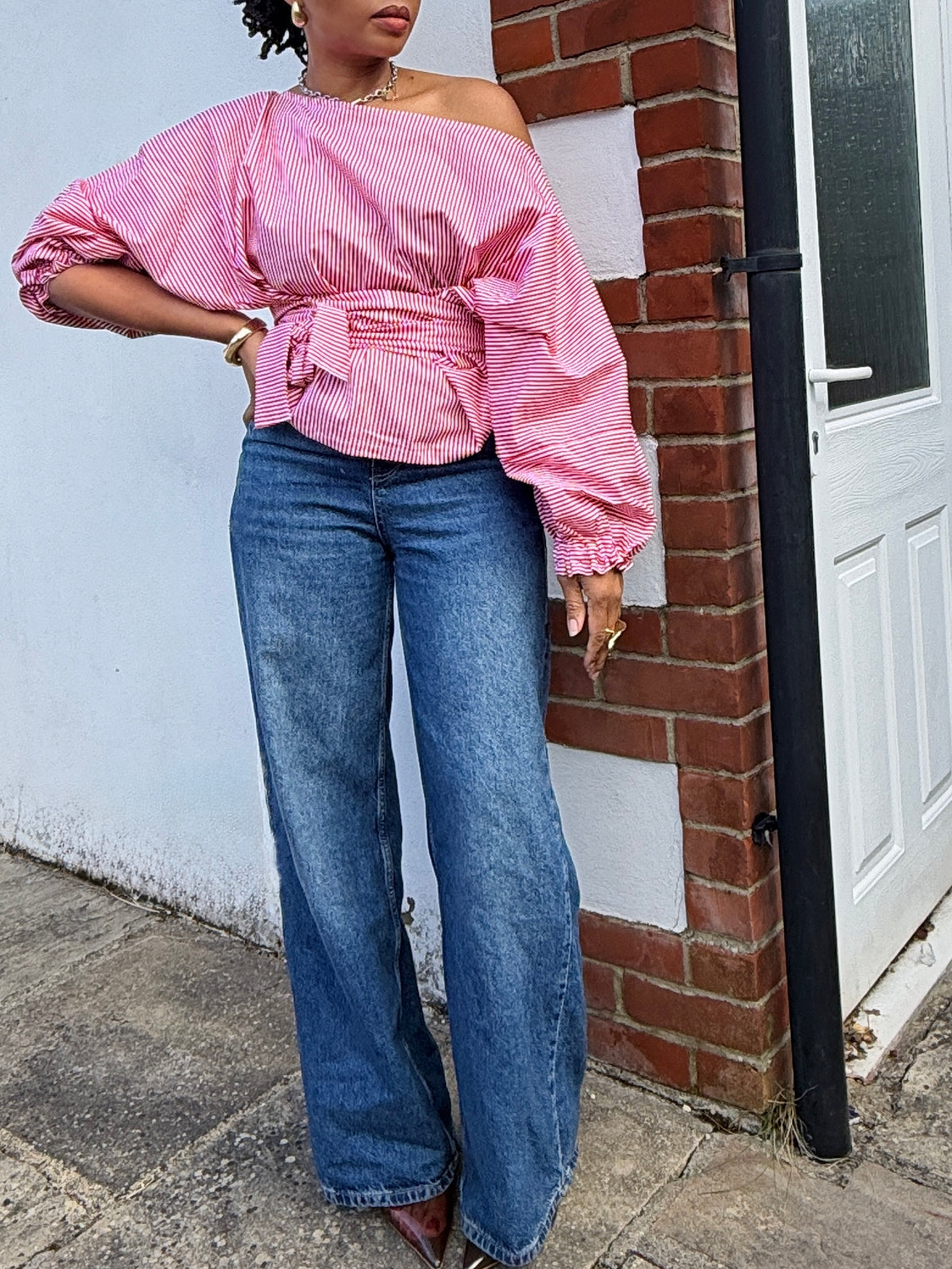 Red and white stripe cotton poplin wrap blouse 2 sizes