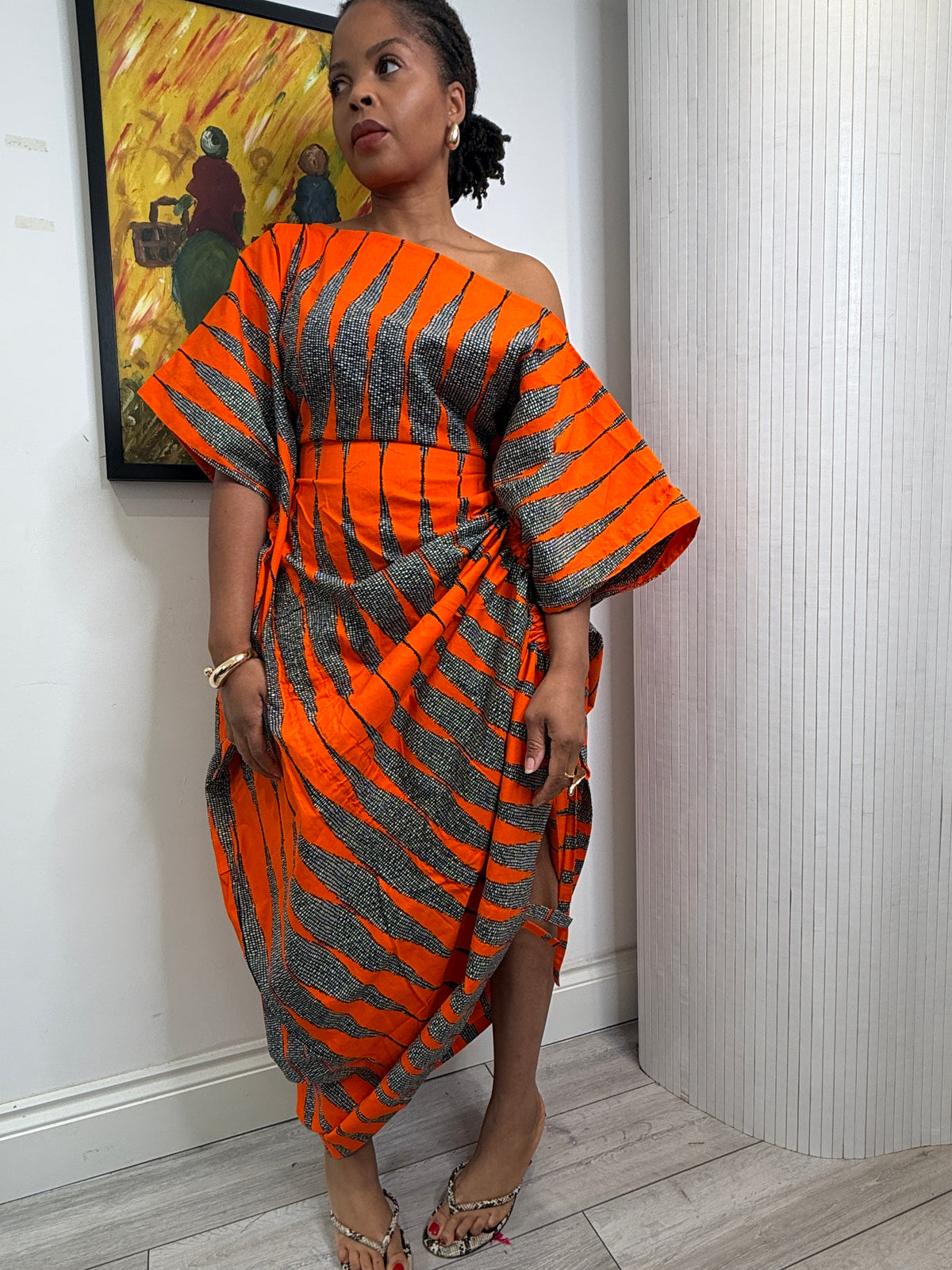 Orange white  cotton Ankara drawstring dress One size
