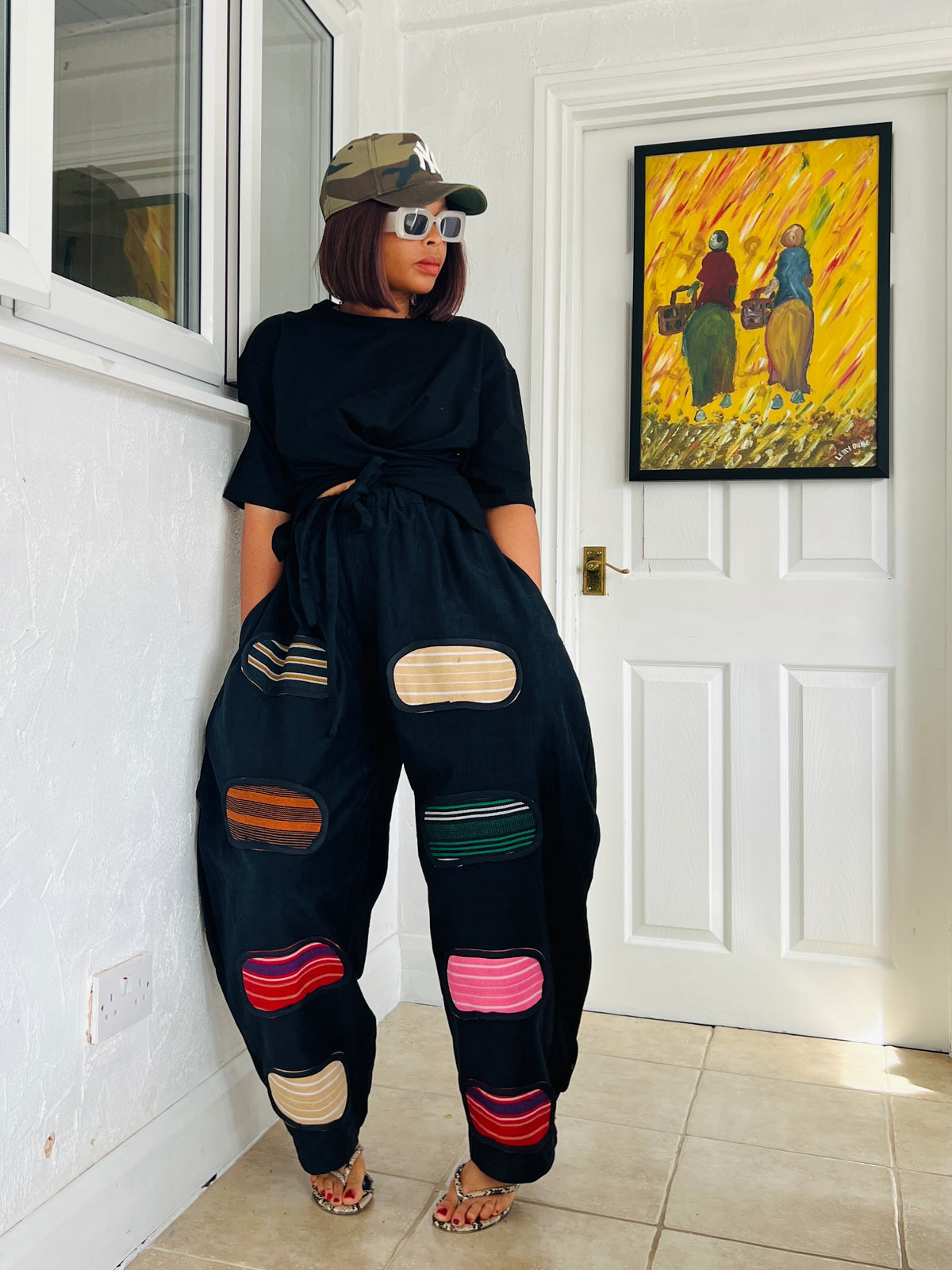 Hand patched asooke black denim barrel trousers UK size 1 8-14- One of a kind