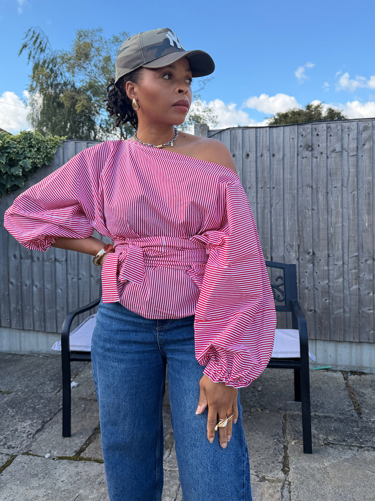 Red and white stripe cotton poplin wrap blouse 2 sizes