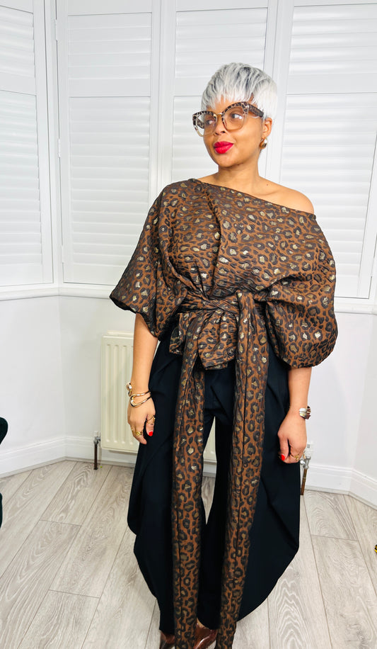 Brown leopard metallic Jacquard Asymmetric Balloon Sleeve Blouse