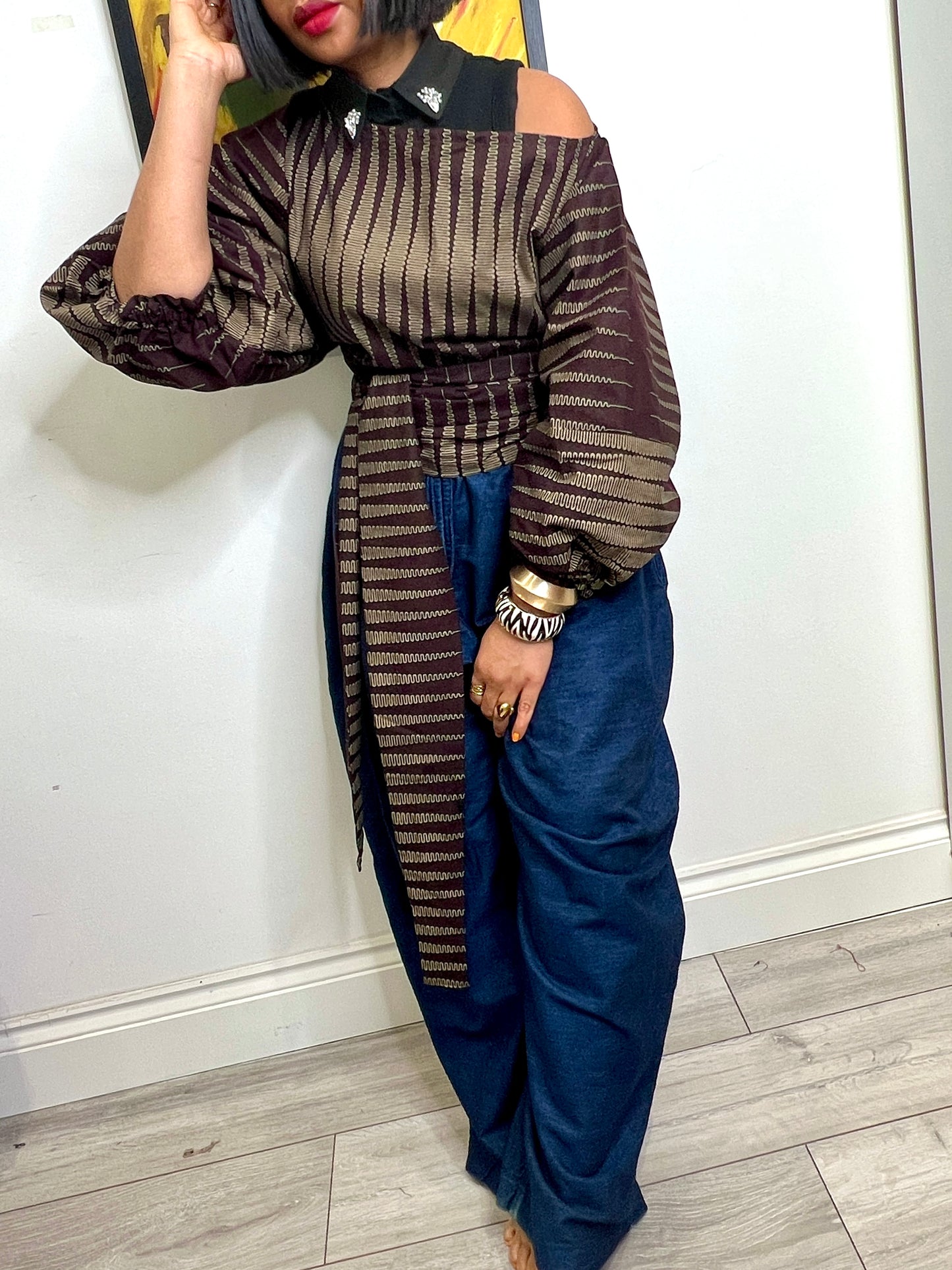 Brown and beige cotton Baloon wrap top one size UK 8-14/16