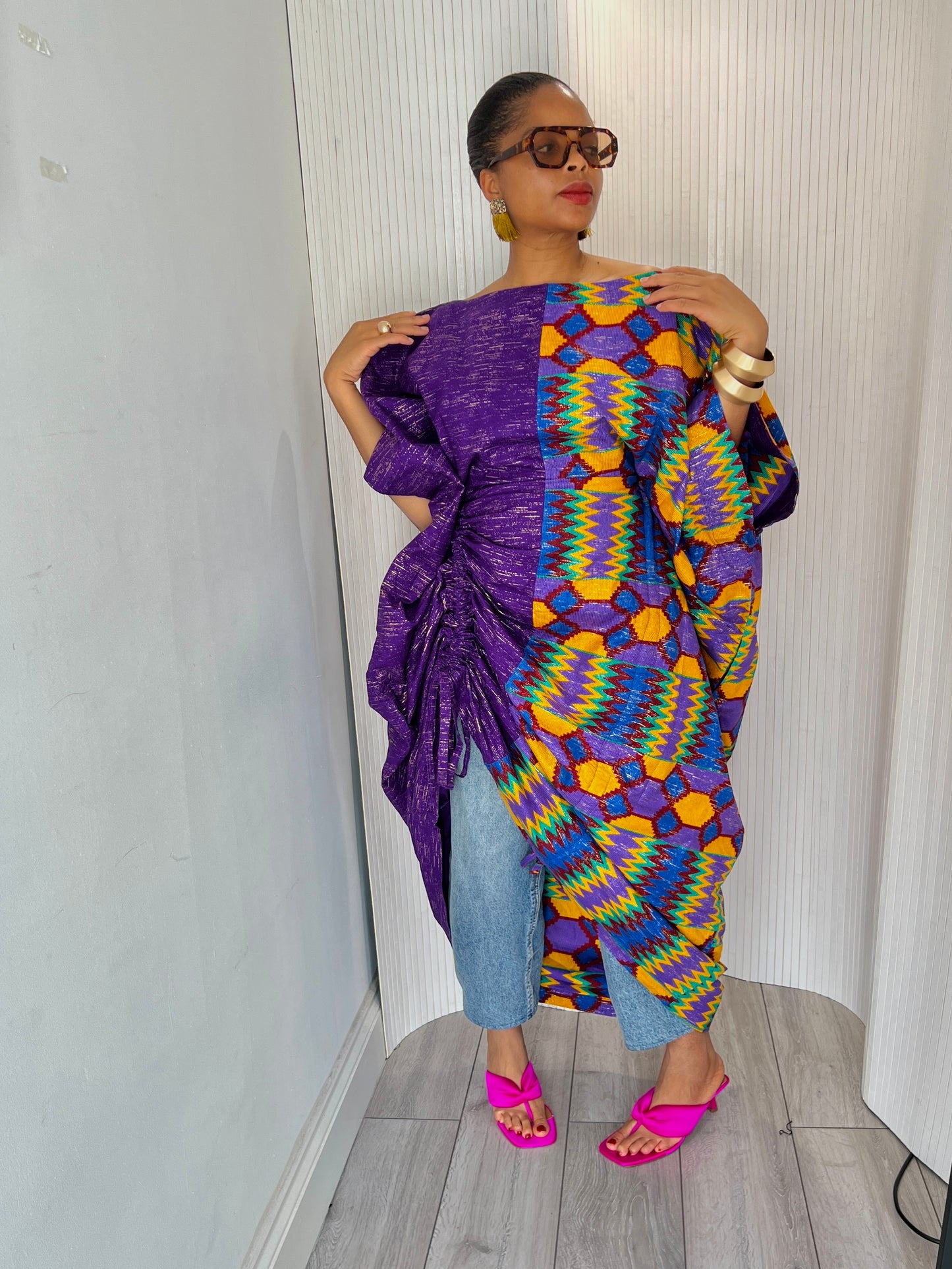 Purple kente off shoulder dress