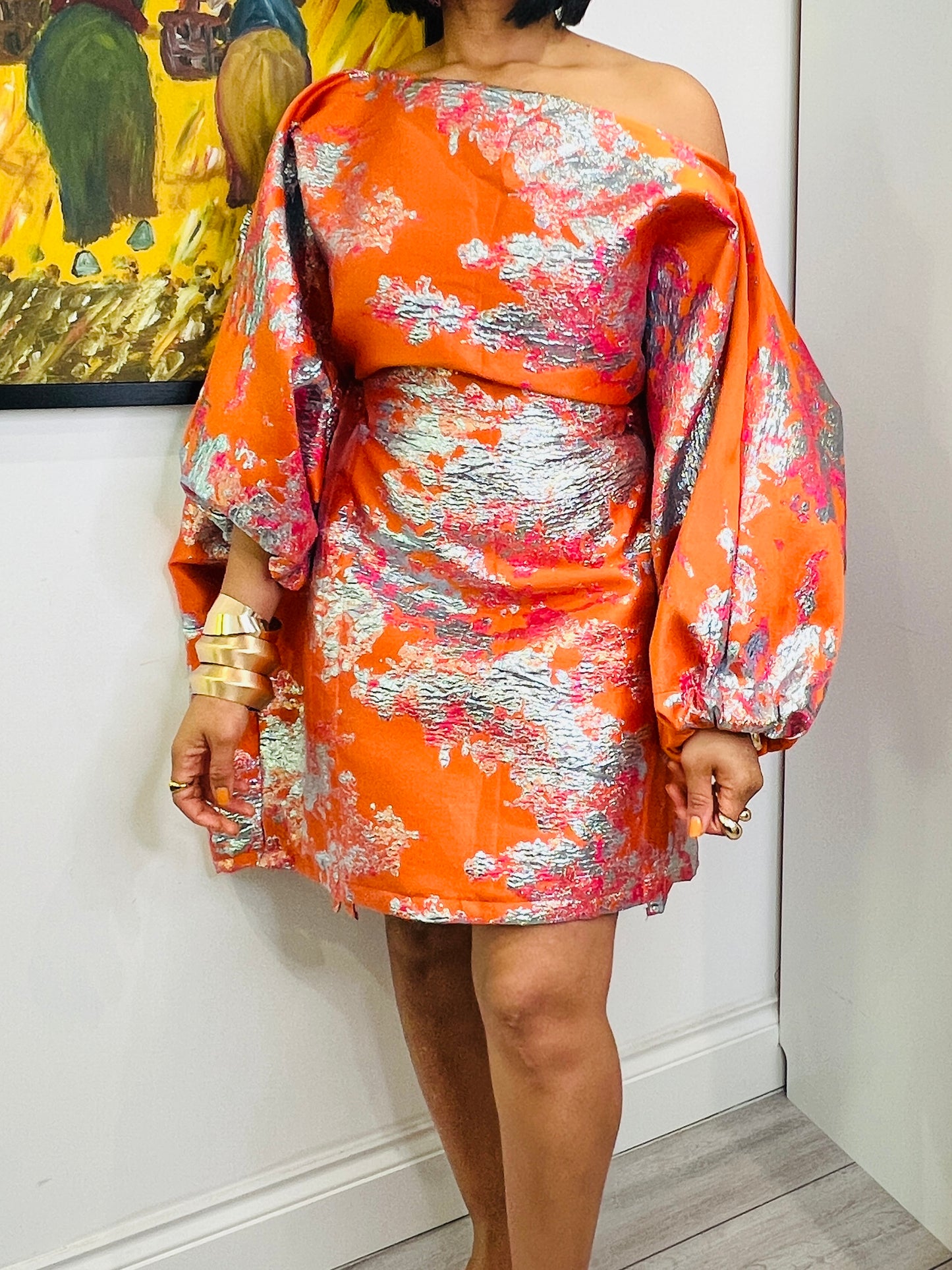 SADE off shoulder mini bubu dress orange One size up to UK size 16