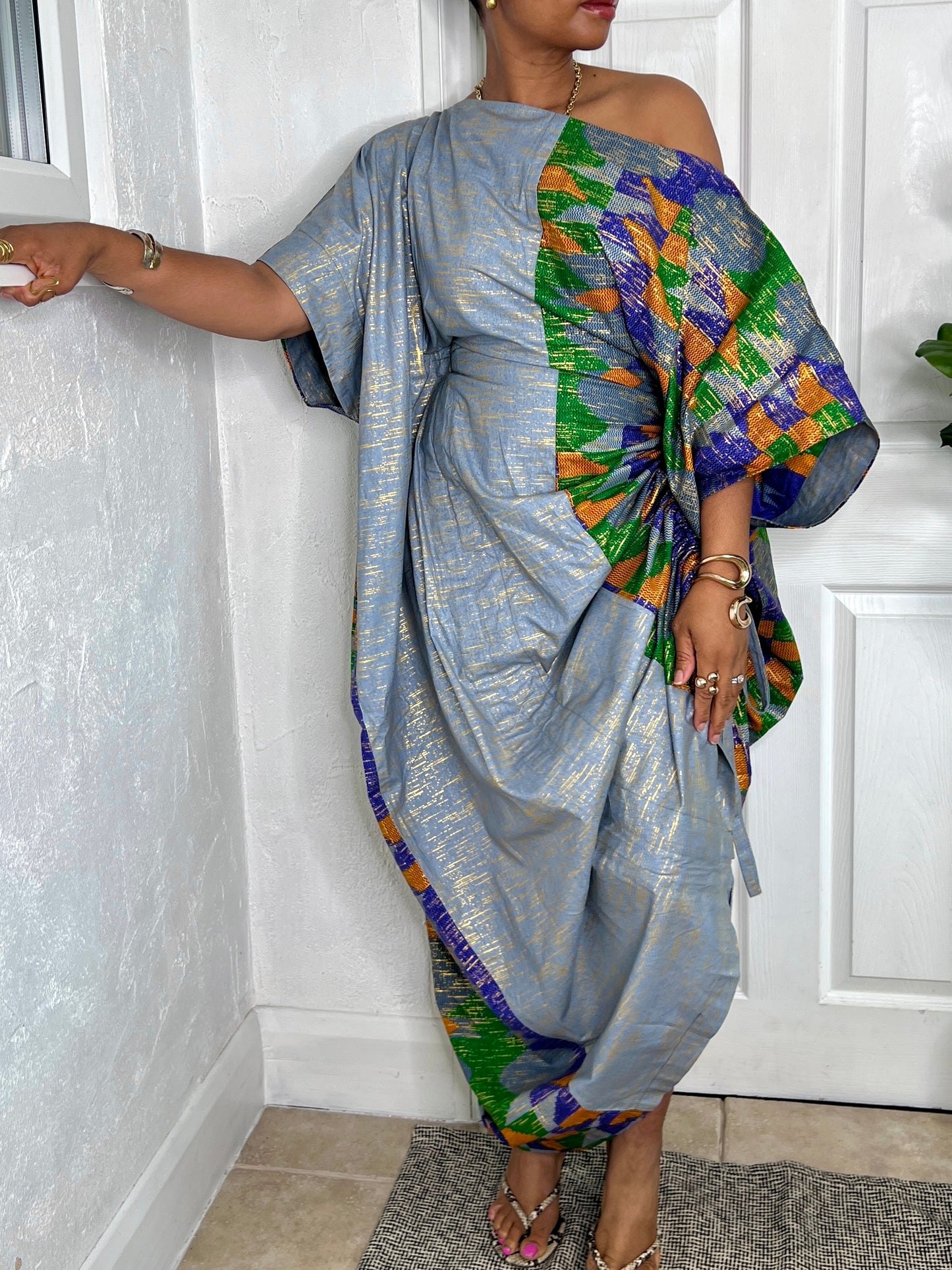 Baby Blue Embellished with Gold Bubu Dress | Kaftan Maxi Dress