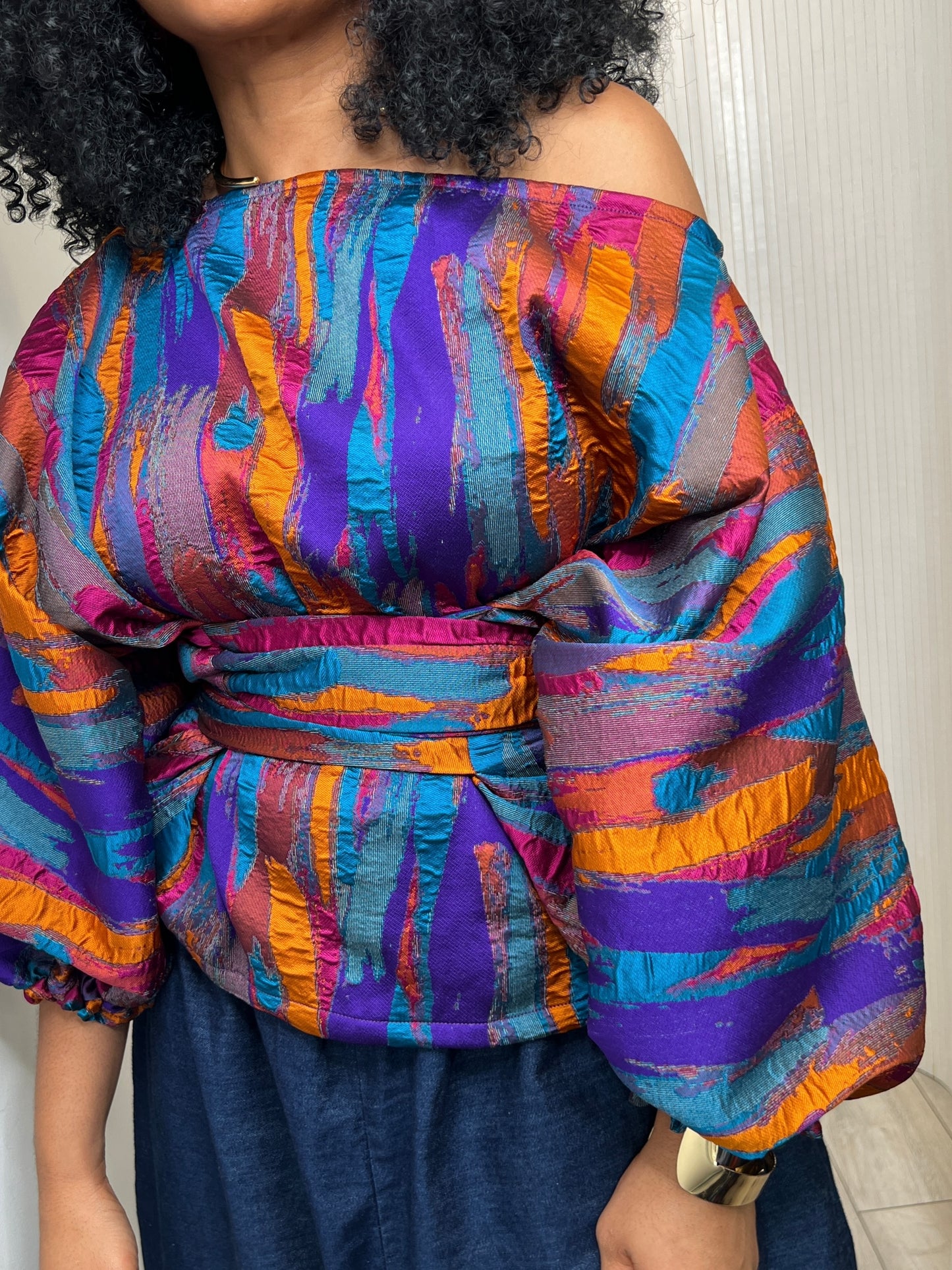 Multi metallic Jacquard Asymmetric Balloon Sleeve Blouse