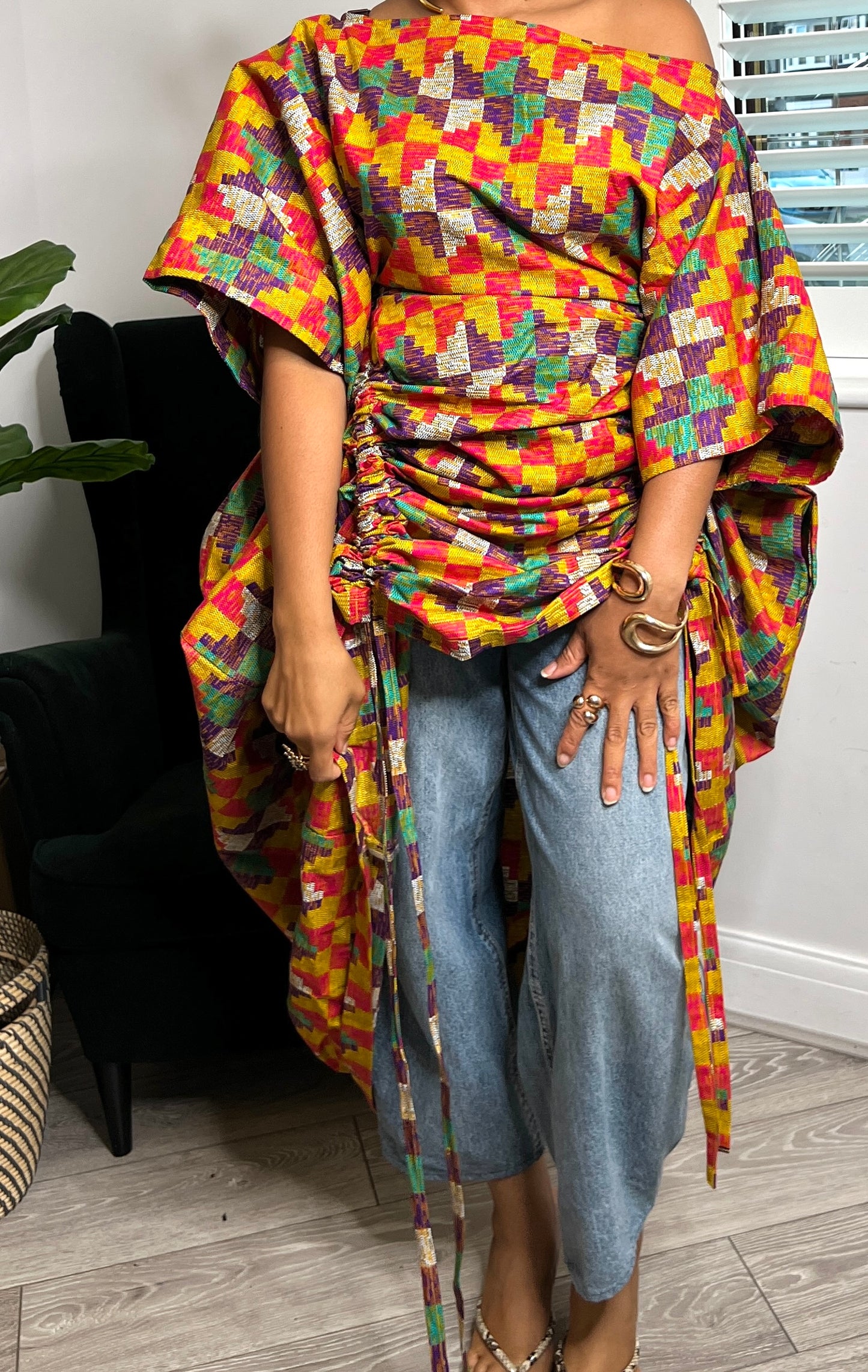Kente inspired print multi coloured Maxi Kaftan Dress | One size