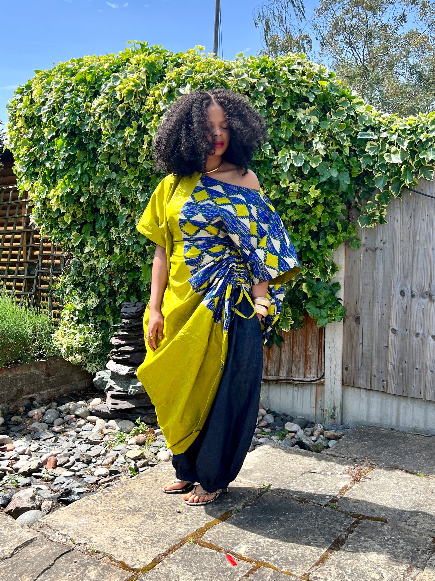 Embellished green and blue  drawstring bubu dress one size