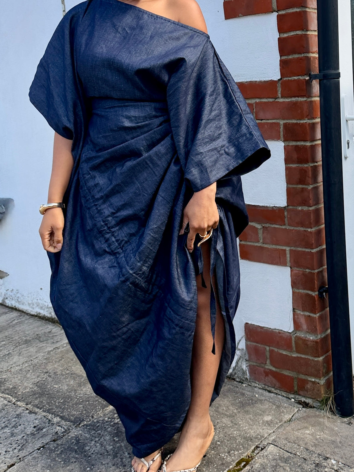 Mid weight Cotton blend denim drawstring dress one size