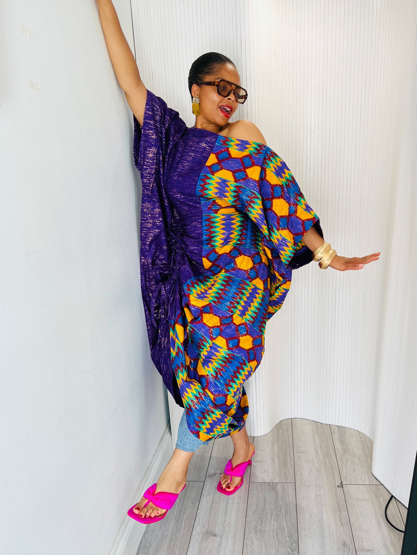Purple kente off shoulder dress