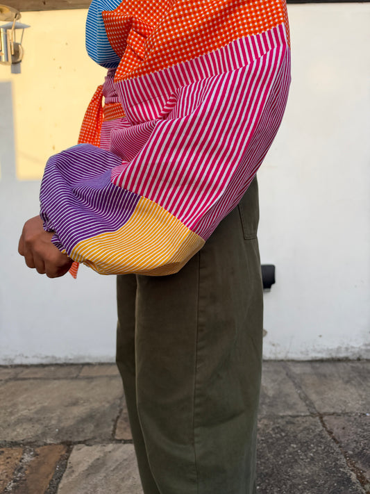 Multicoloured stripe cotton poplin wrap blouse 2 sizes