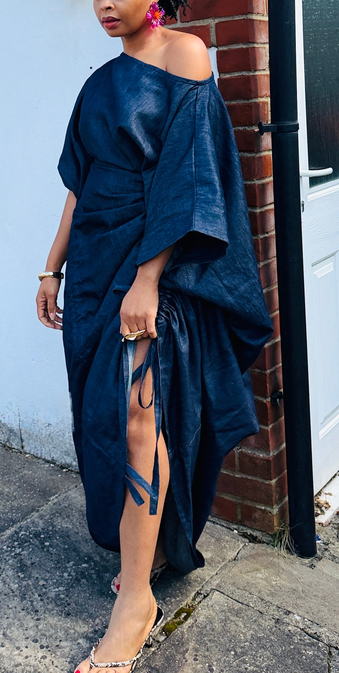 Mid weight Cotton blend denim drawstring dress one size