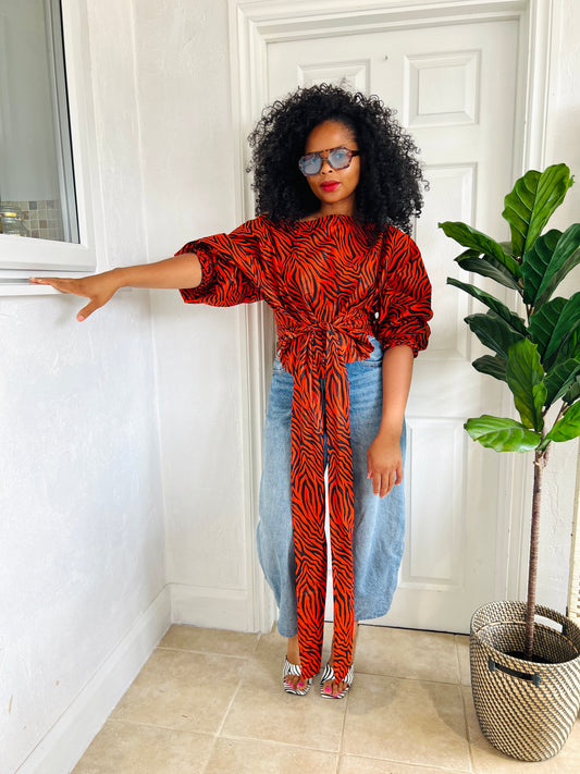 Orange zebra off shoulder tie waist top size 1