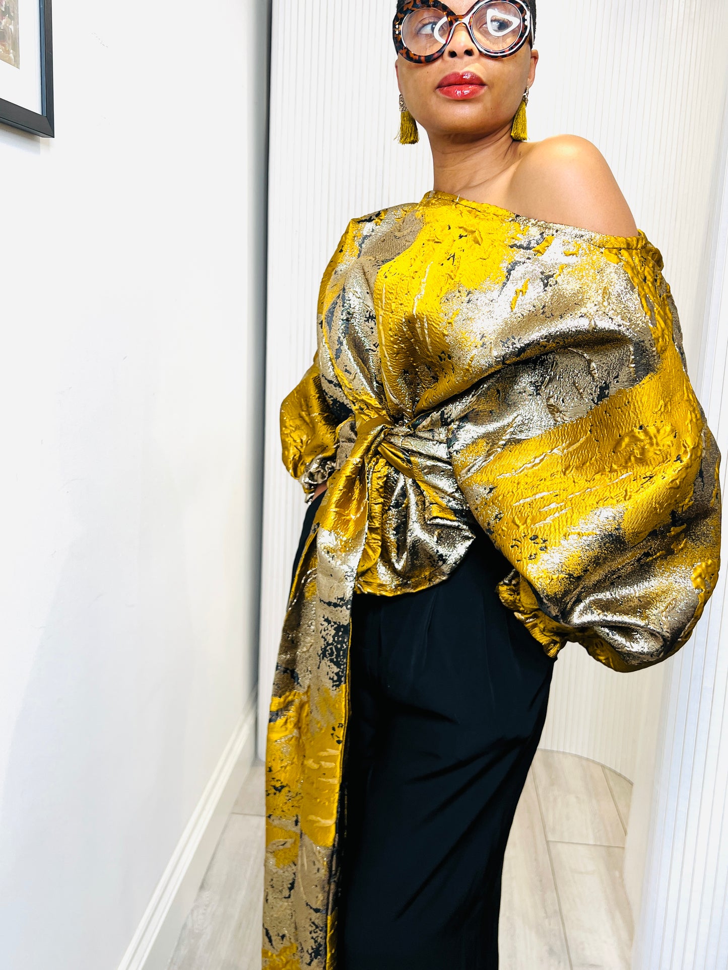 Mustard and gold metallic Jacquard Asymmetric Balloon Sleeve Blouse