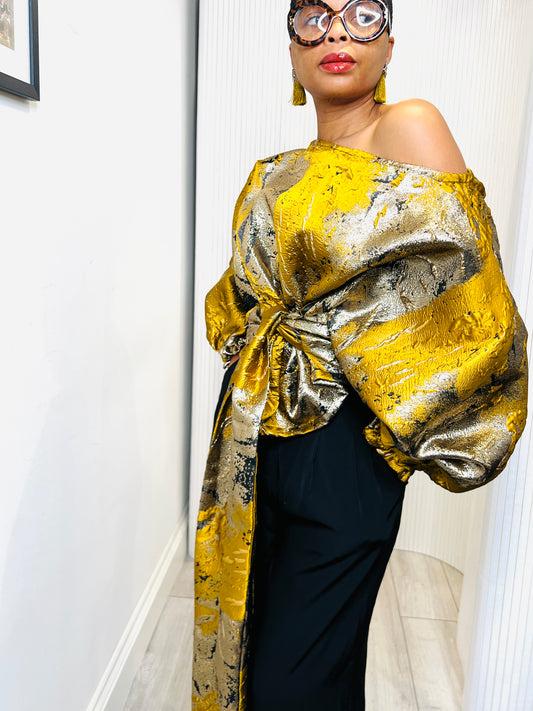Mustard and gold metallic Jacquard Asymmetric Balloon Sleeve Blouse