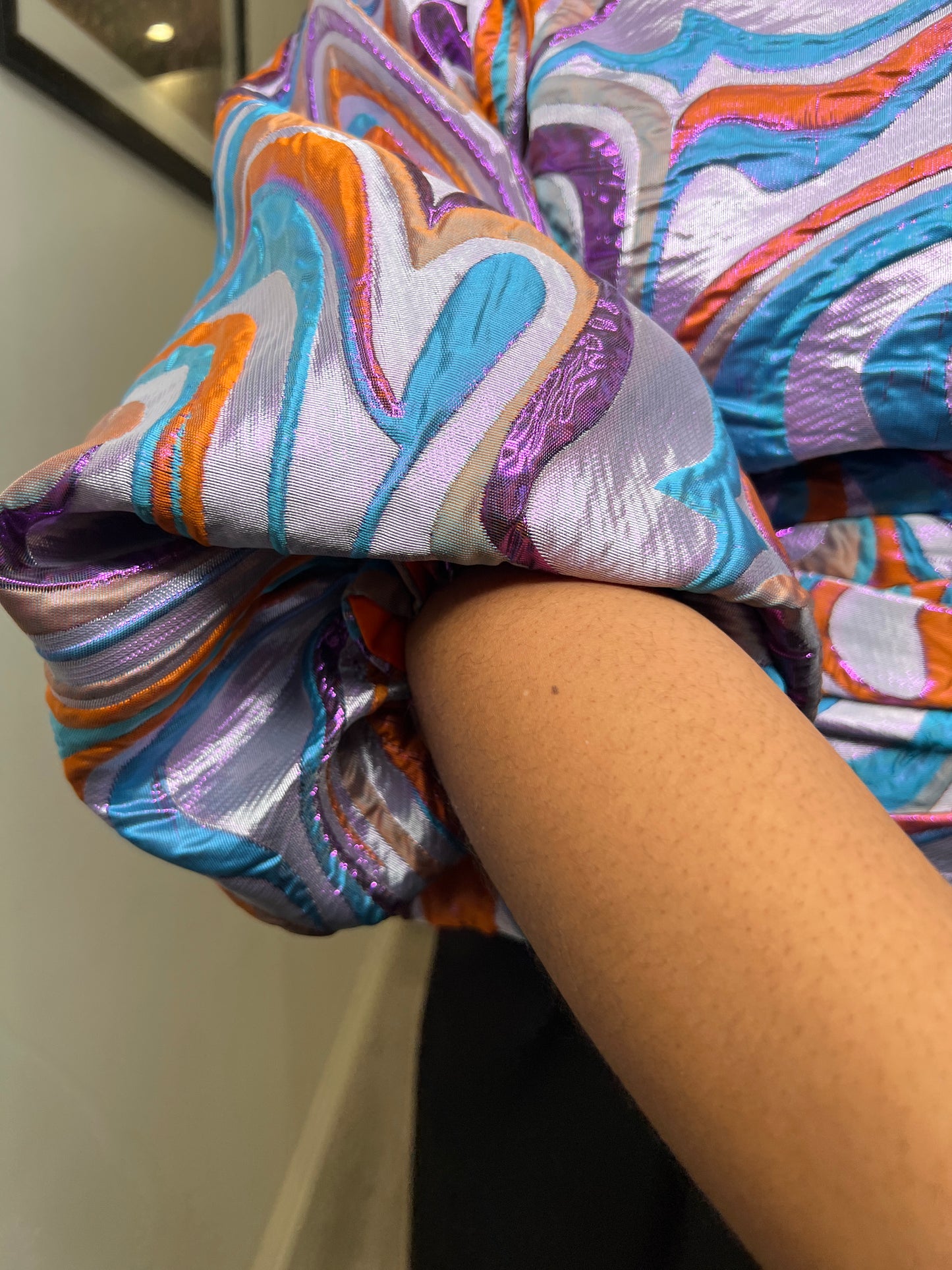 Lilac and orange organza brocade Jacquard Asymmetric Balloon Sleeve Blouse