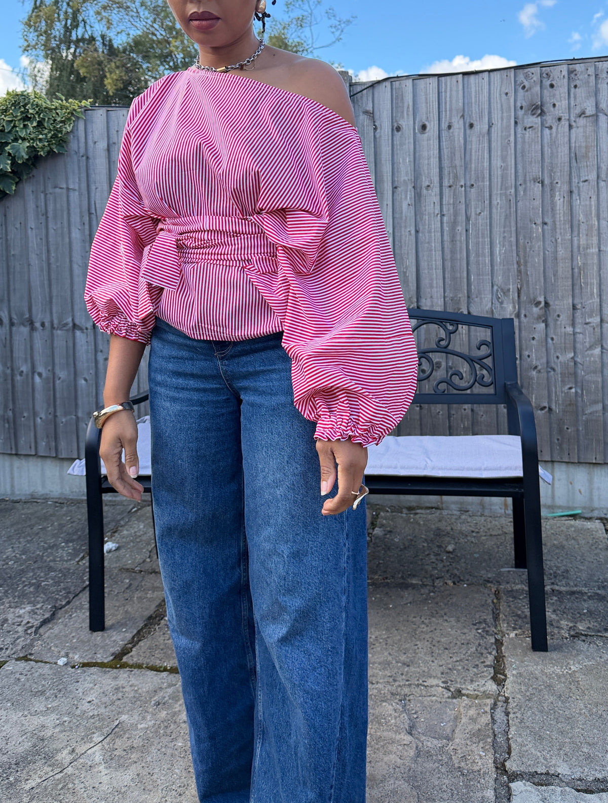 Red and white stripe cotton poplin wrap blouse 2 sizes