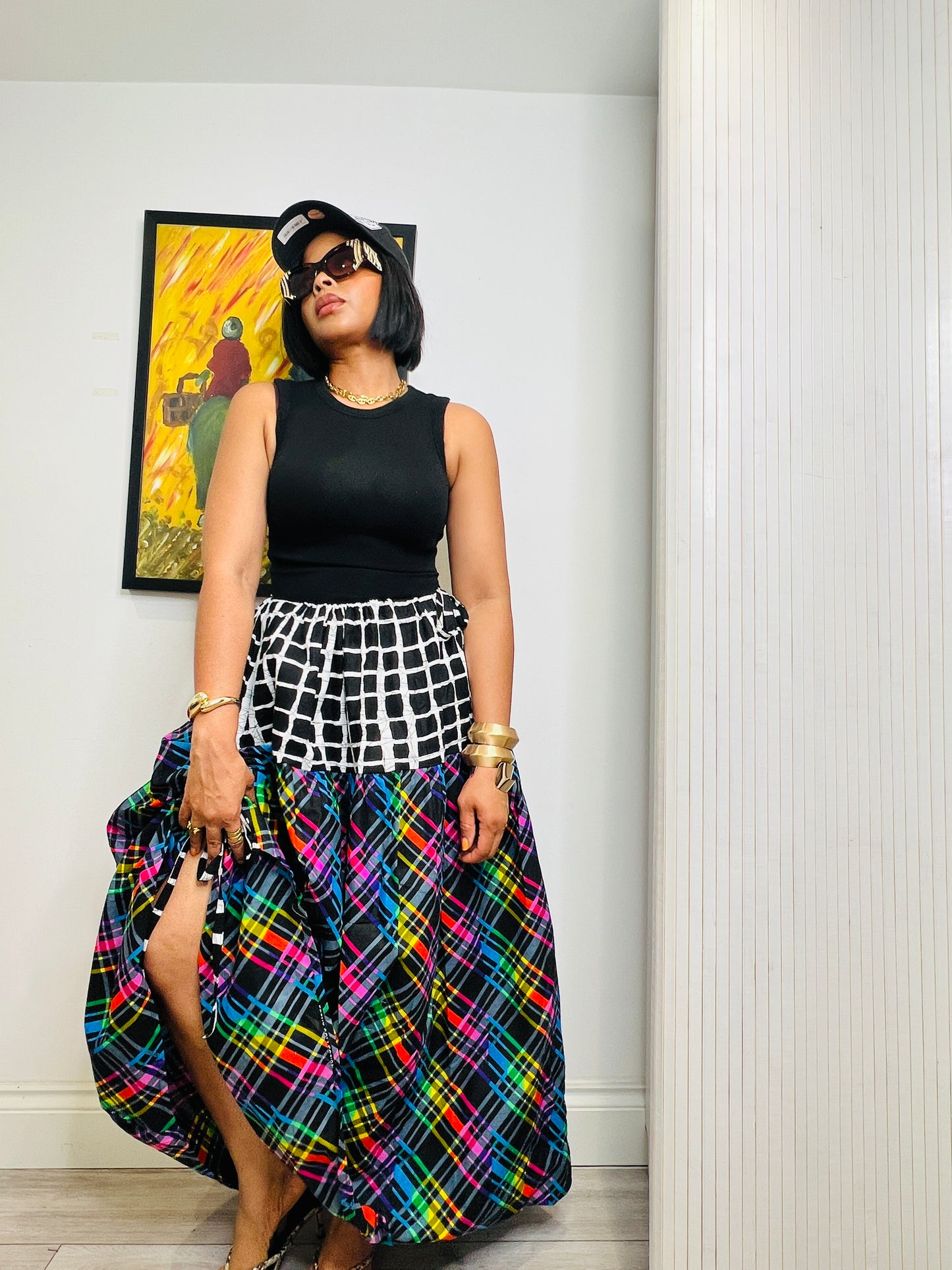 2 tone check drawstring skirt. One size fits up to UK 18