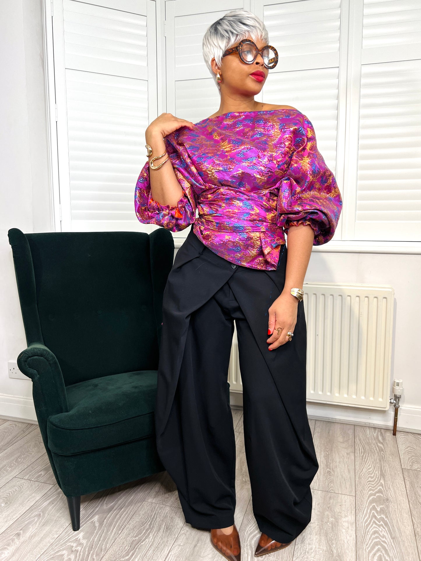 Pink leopard metallic Jacquard Asymmetric Balloon Sleeve Blouse