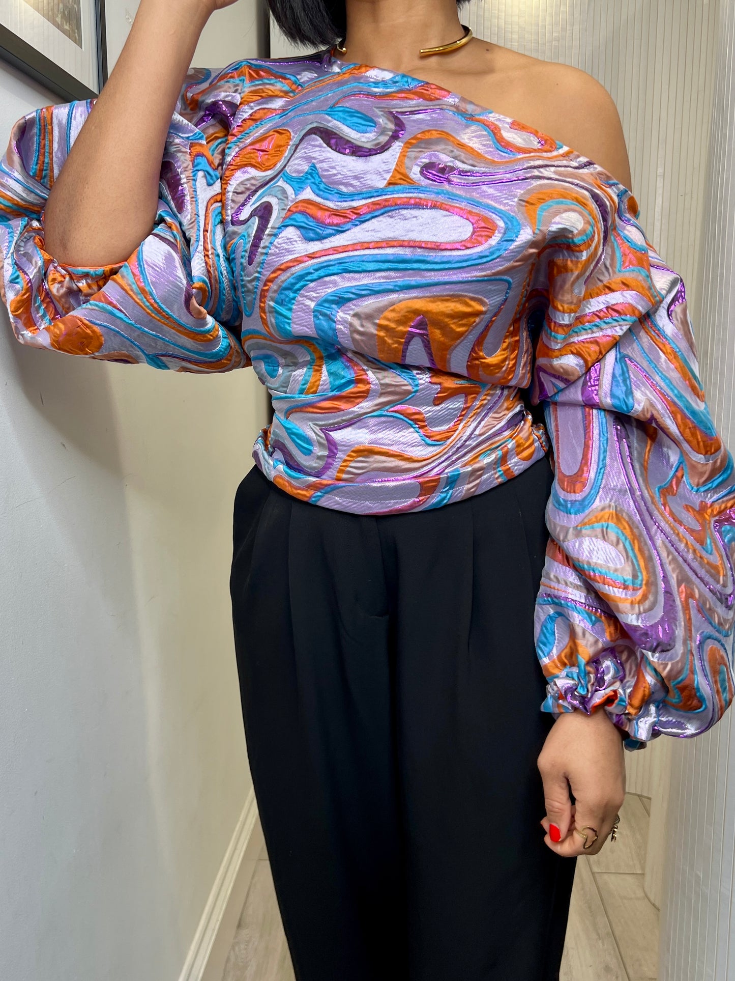 Lilac and orange organza brocade Jacquard Asymmetric Balloon Sleeve Blouse