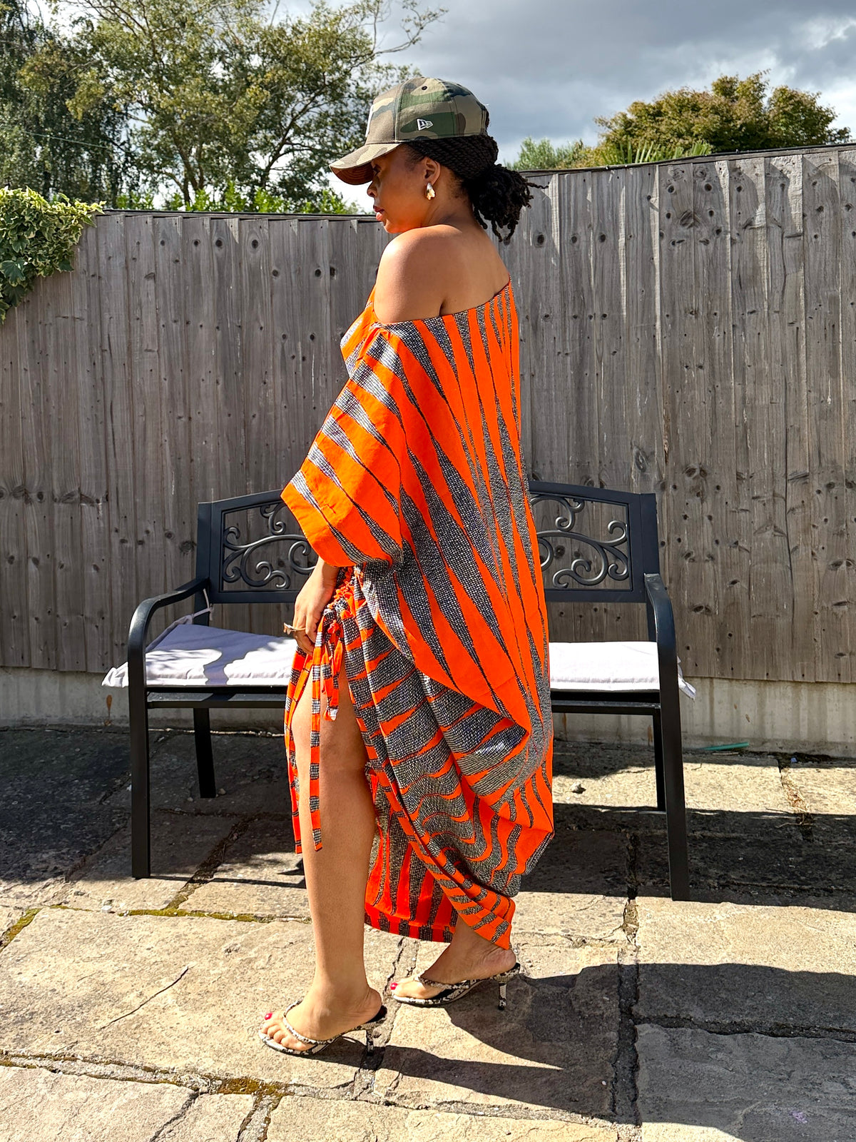 Orange white  cotton Ankara drawstring dress One size