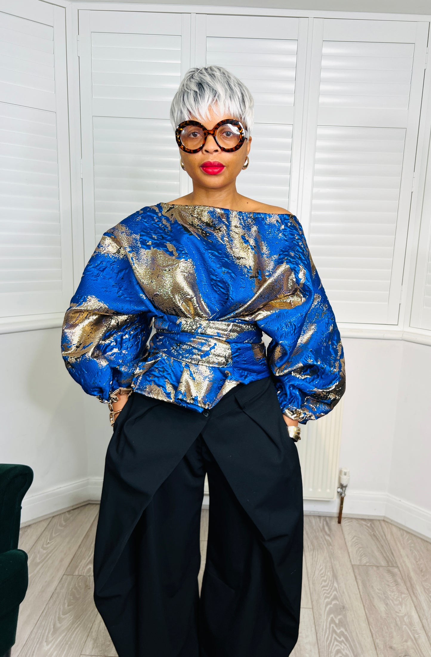 Blue and gold metallic Jacquard Asymmetric Balloon Sleeve Blouse