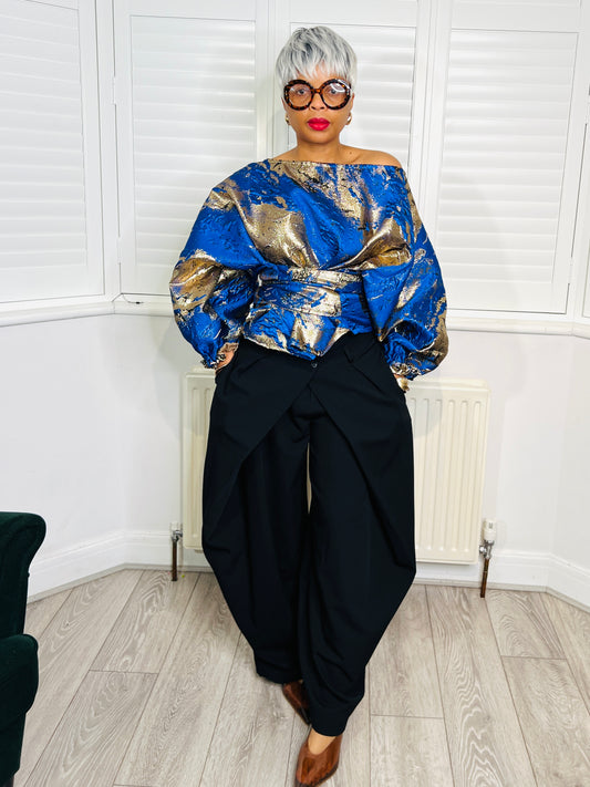 Blue and gold metallic Jacquard Asymmetric Balloon Sleeve Blouse