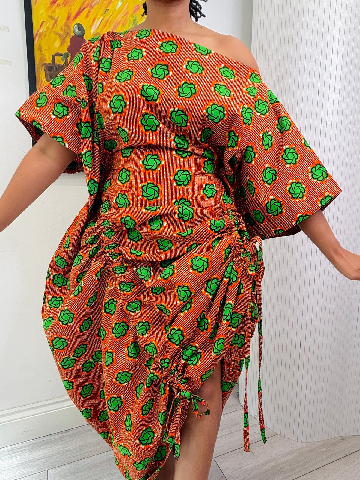 Orange patterned cotton Ankara drawstring dress One size