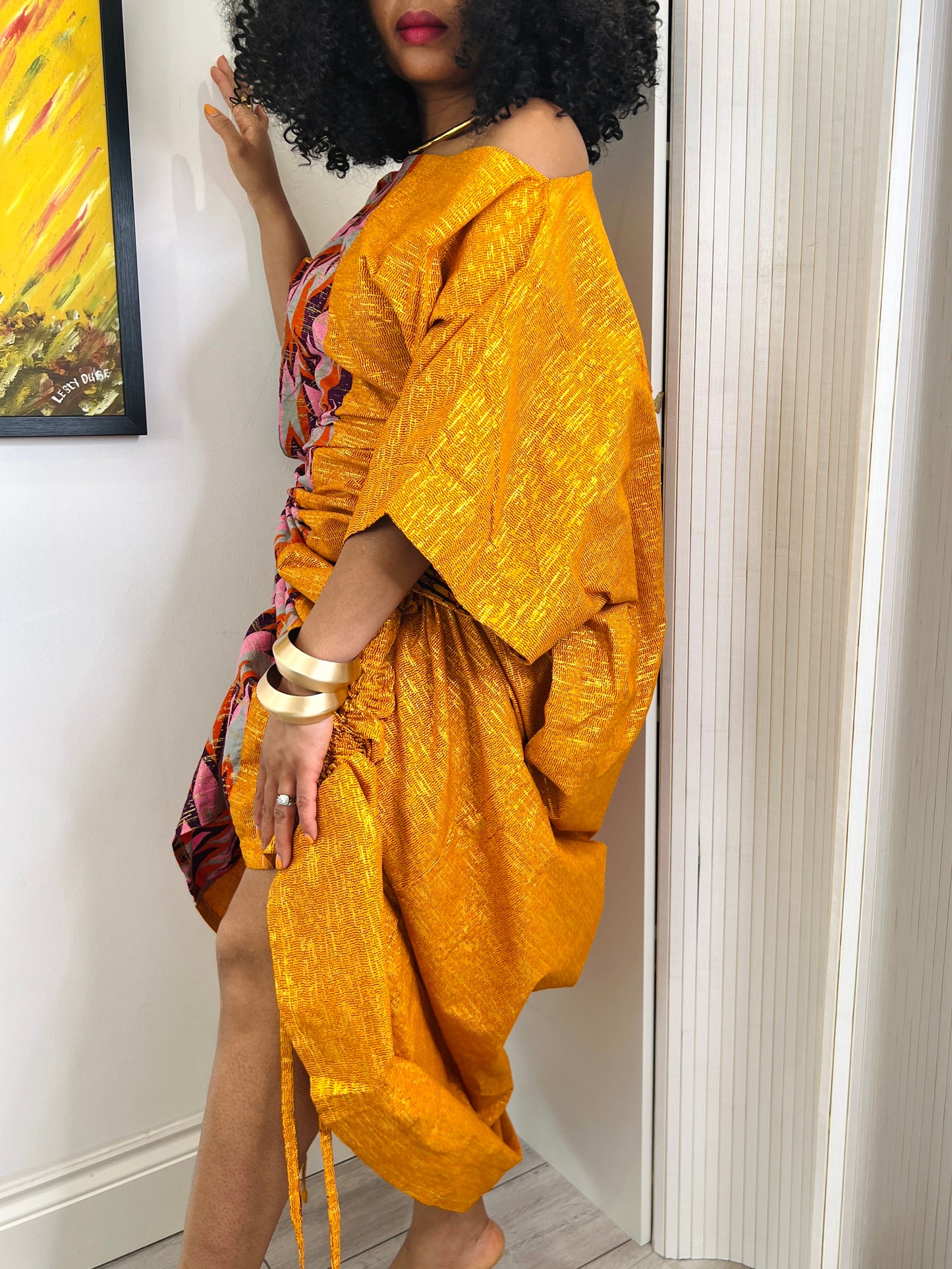 Embellished Orange and pink  drawstring bubu dress one size