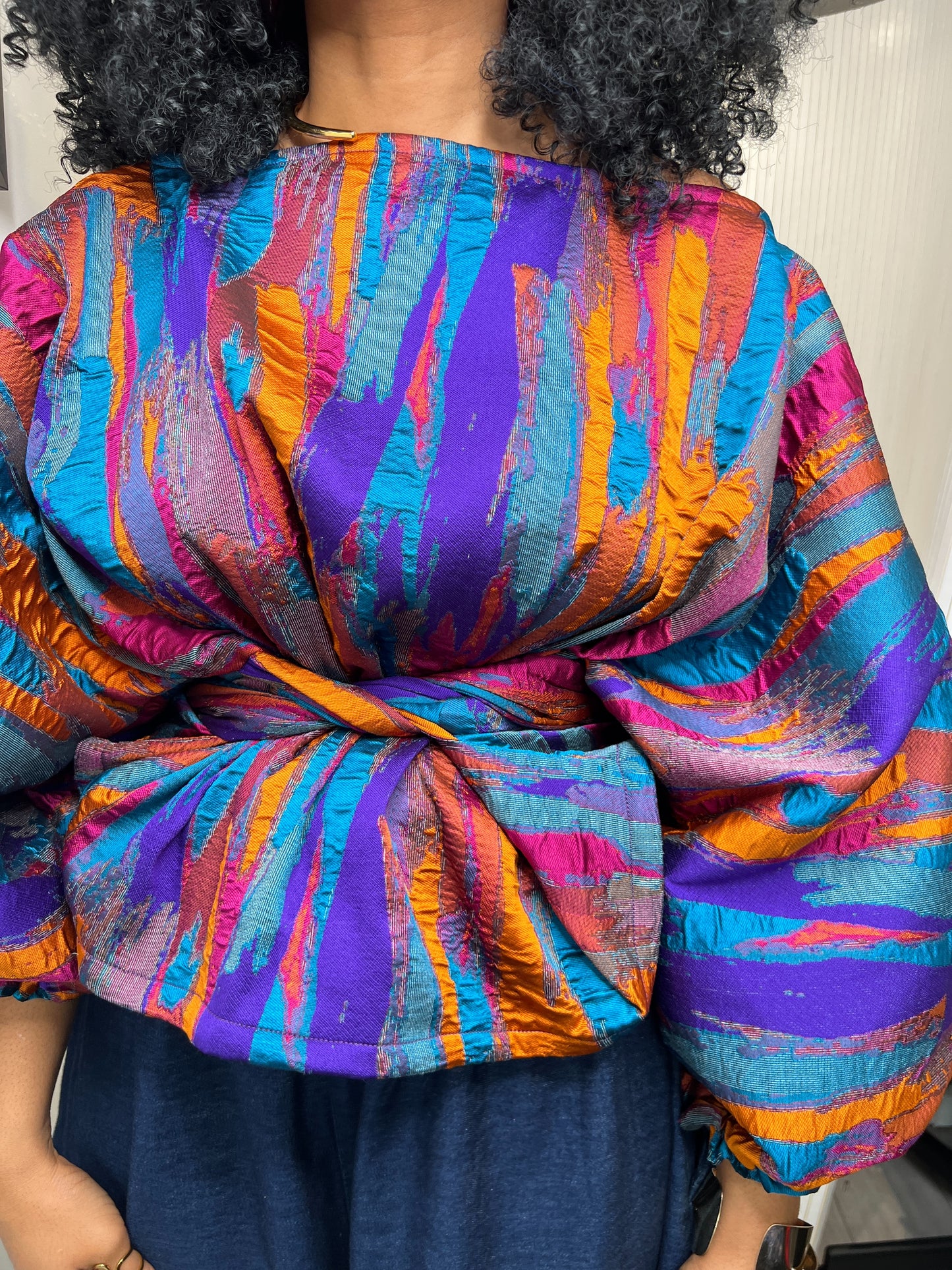 Multi metallic Jacquard Asymmetric Balloon Sleeve Blouse