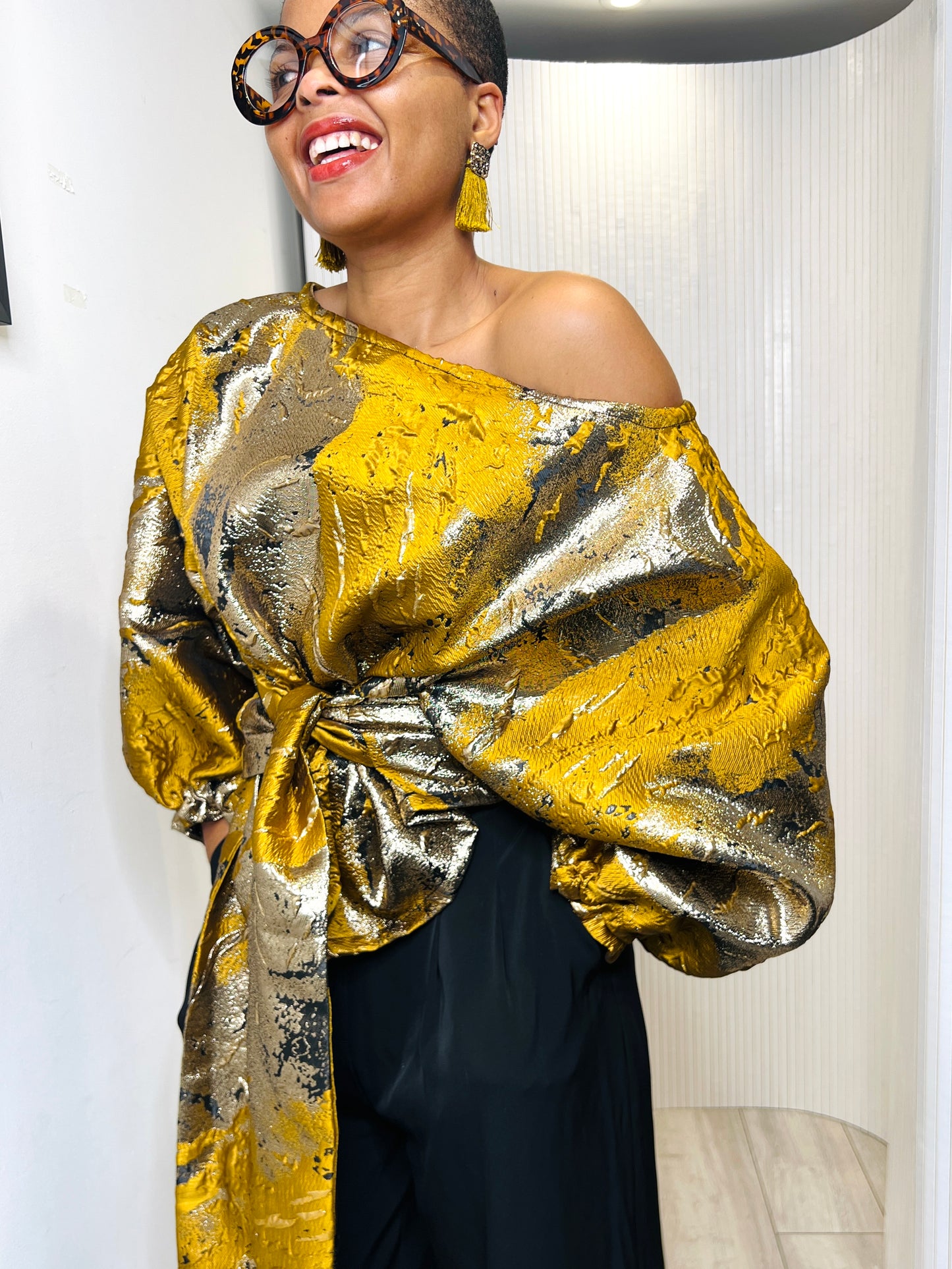 Mustard and gold metallic Jacquard Asymmetric Balloon Sleeve Blouse