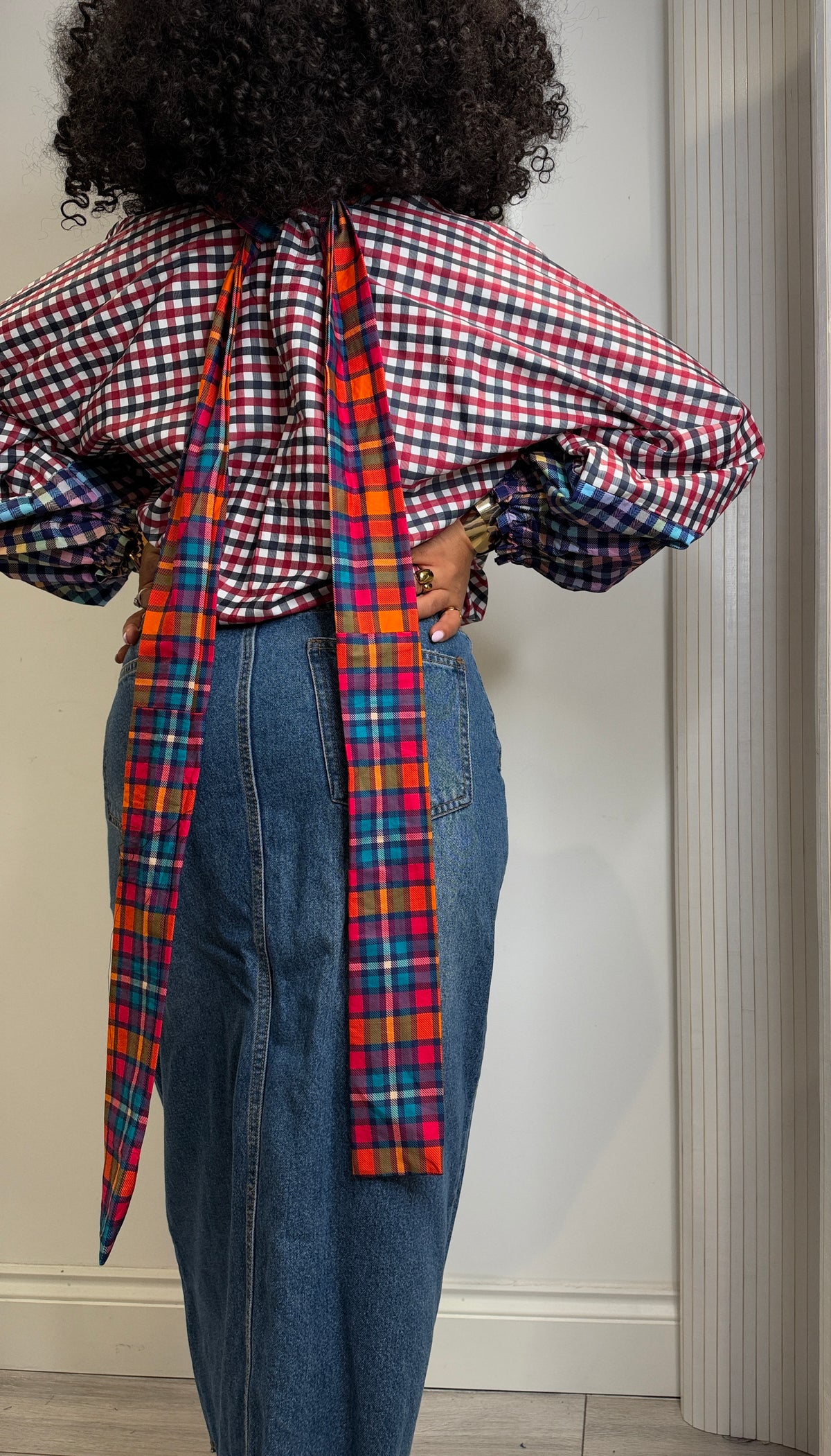 Patchwork drawstring blouse. Size 1 UK8-14