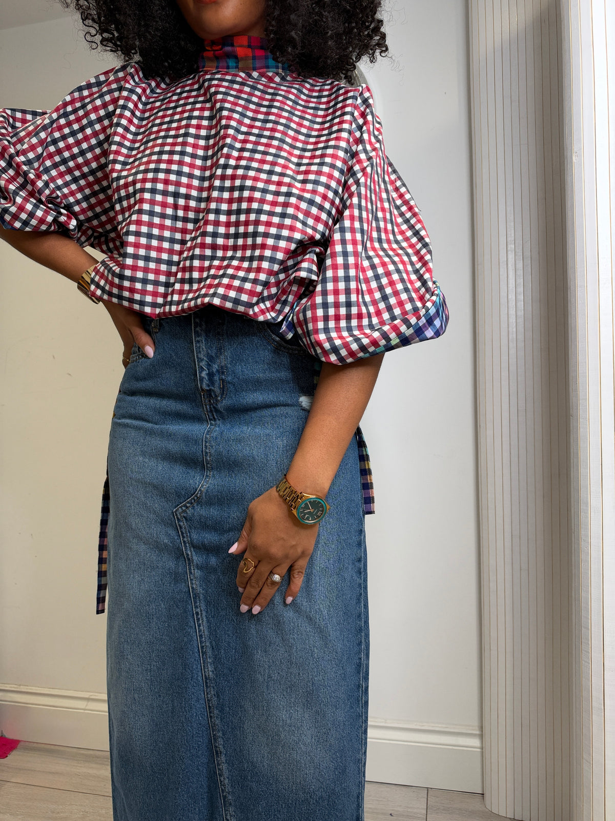 Patchwork drawstring blouse. Size 1 UK8-14