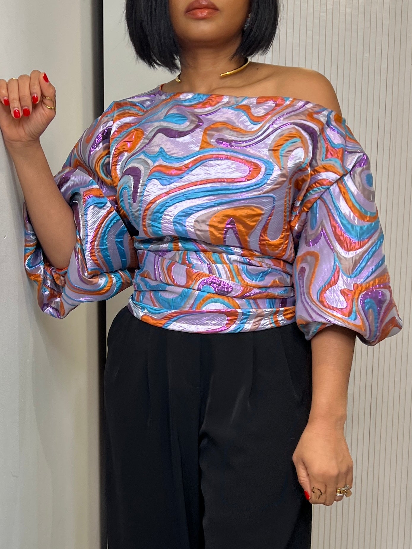 Lilac and orange organza brocade Jacquard Asymmetric Balloon Sleeve Blouse