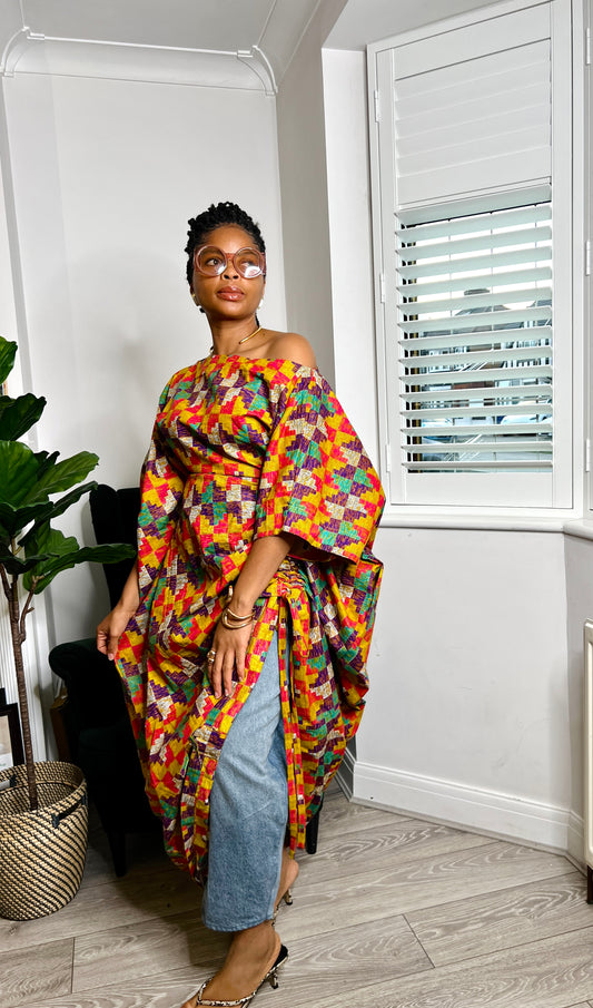 Kente inspired print multi coloured Maxi Kaftan Dress | One size