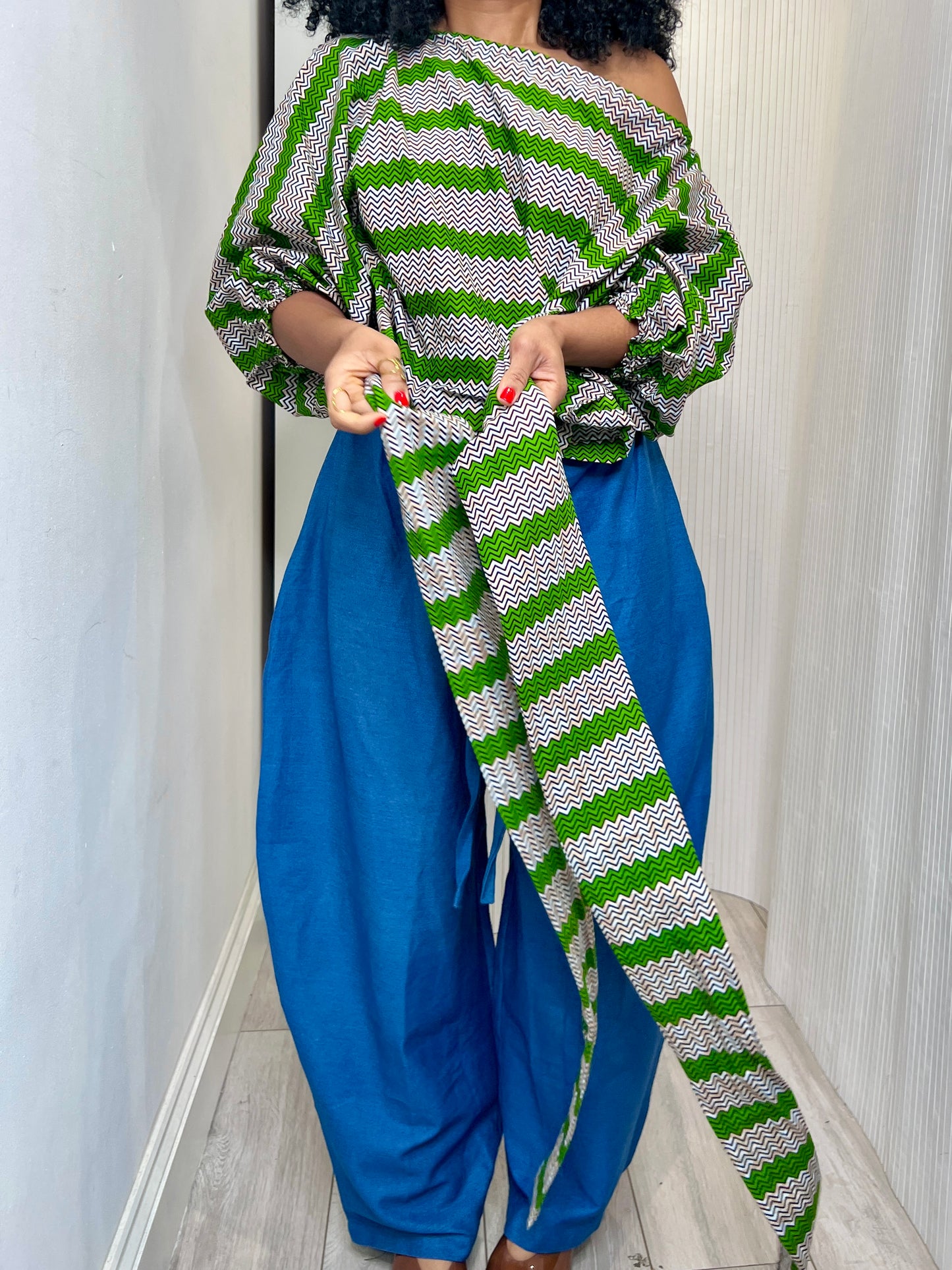 Green off shoulder tie waist wrap top