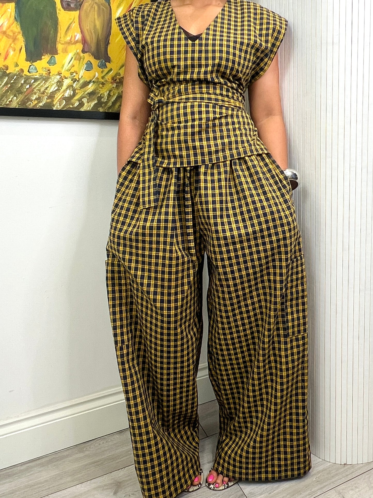 Ready to post Yarn dyed mustard and black check coord UK 8-14