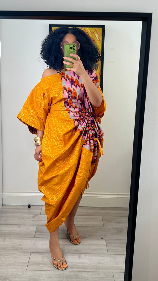 Embellished Orange and pink  drawstring bubu dress one size