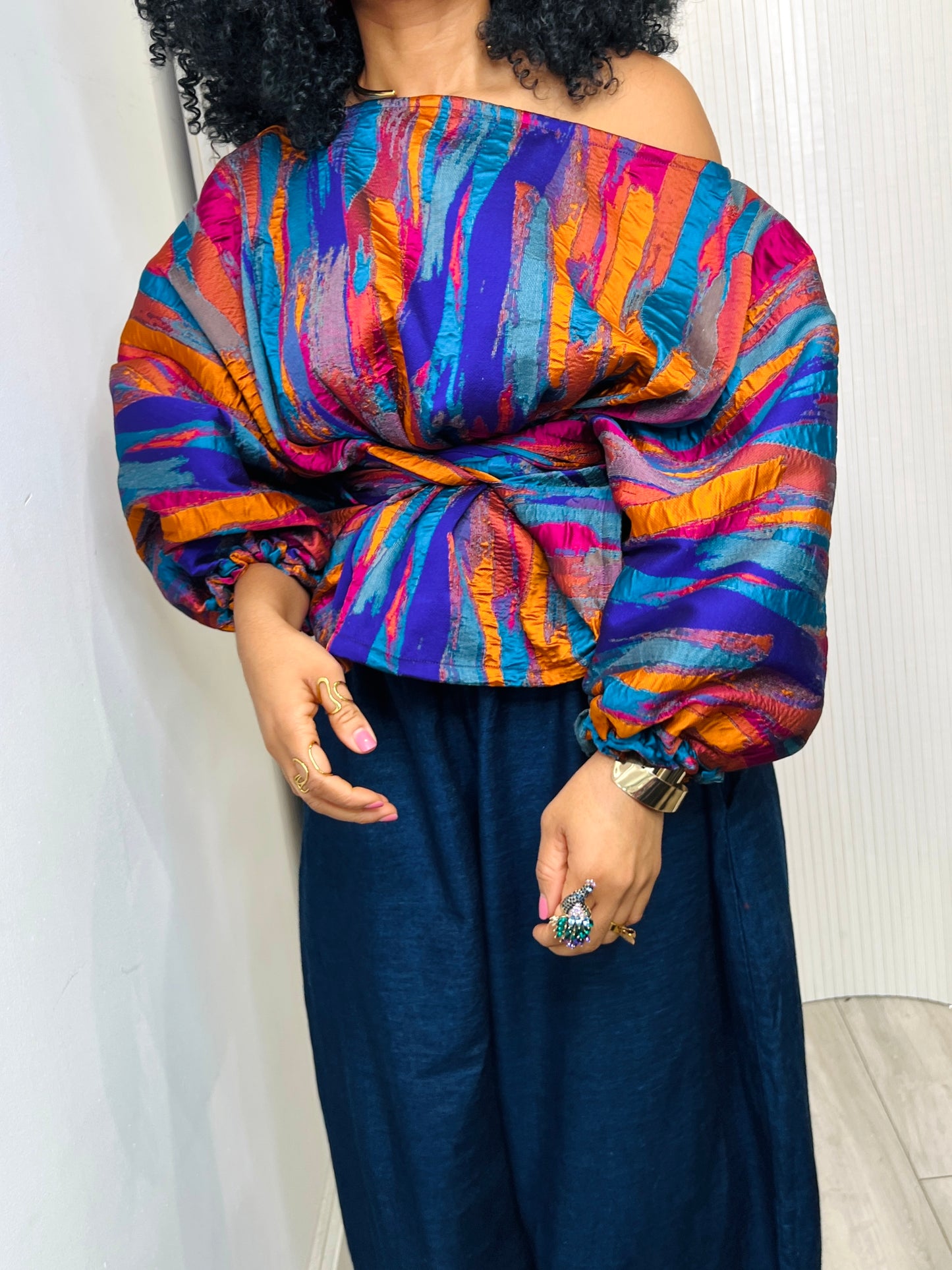 Multi metallic Jacquard Asymmetric Balloon Sleeve Blouse