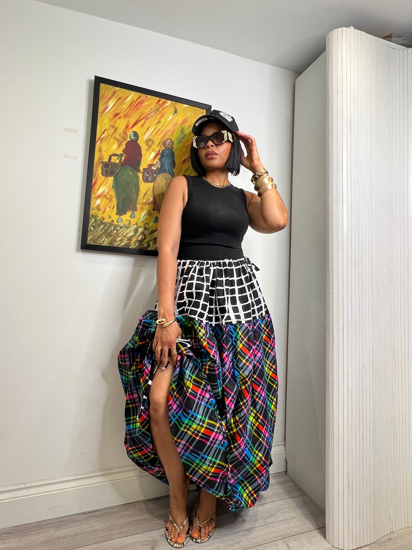 2 tone check drawstring skirt. One size fits up to UK 18