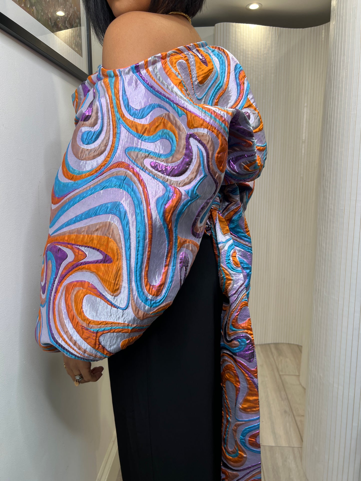 Lilac and orange organza brocade Jacquard Asymmetric Balloon Sleeve Blouse