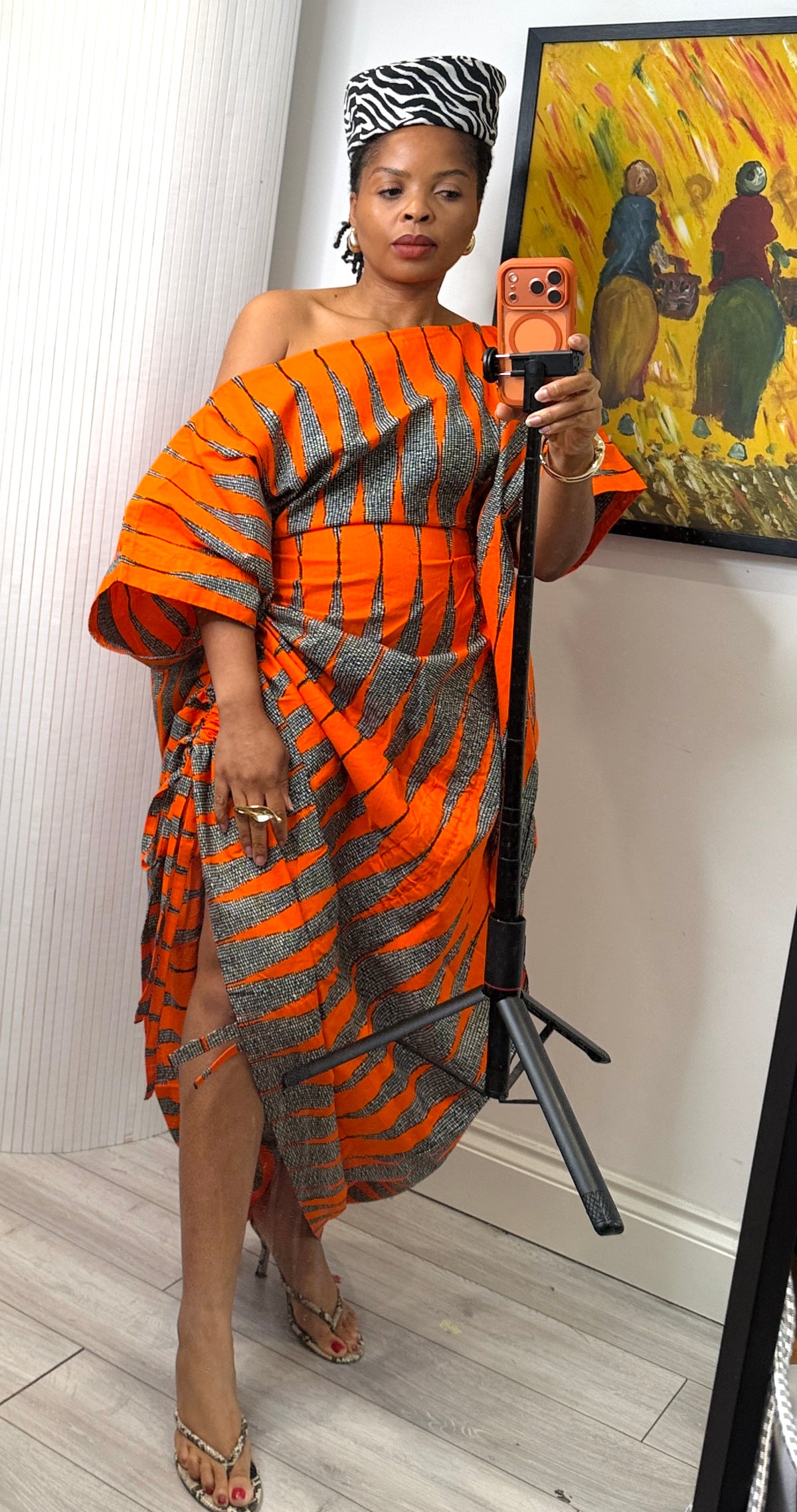 Orange white  cotton Ankara drawstring dress One size
